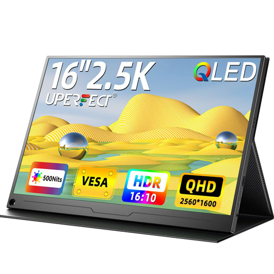 UPERFECT Monitor portátil QLED de 2.5 K, monitor portátil QHD de 16 pulgadas, 2560 x 1600, HDR FreeSync para portátil con VESA y funda inteligente para cuidado de los ojos mate, segunda visualización