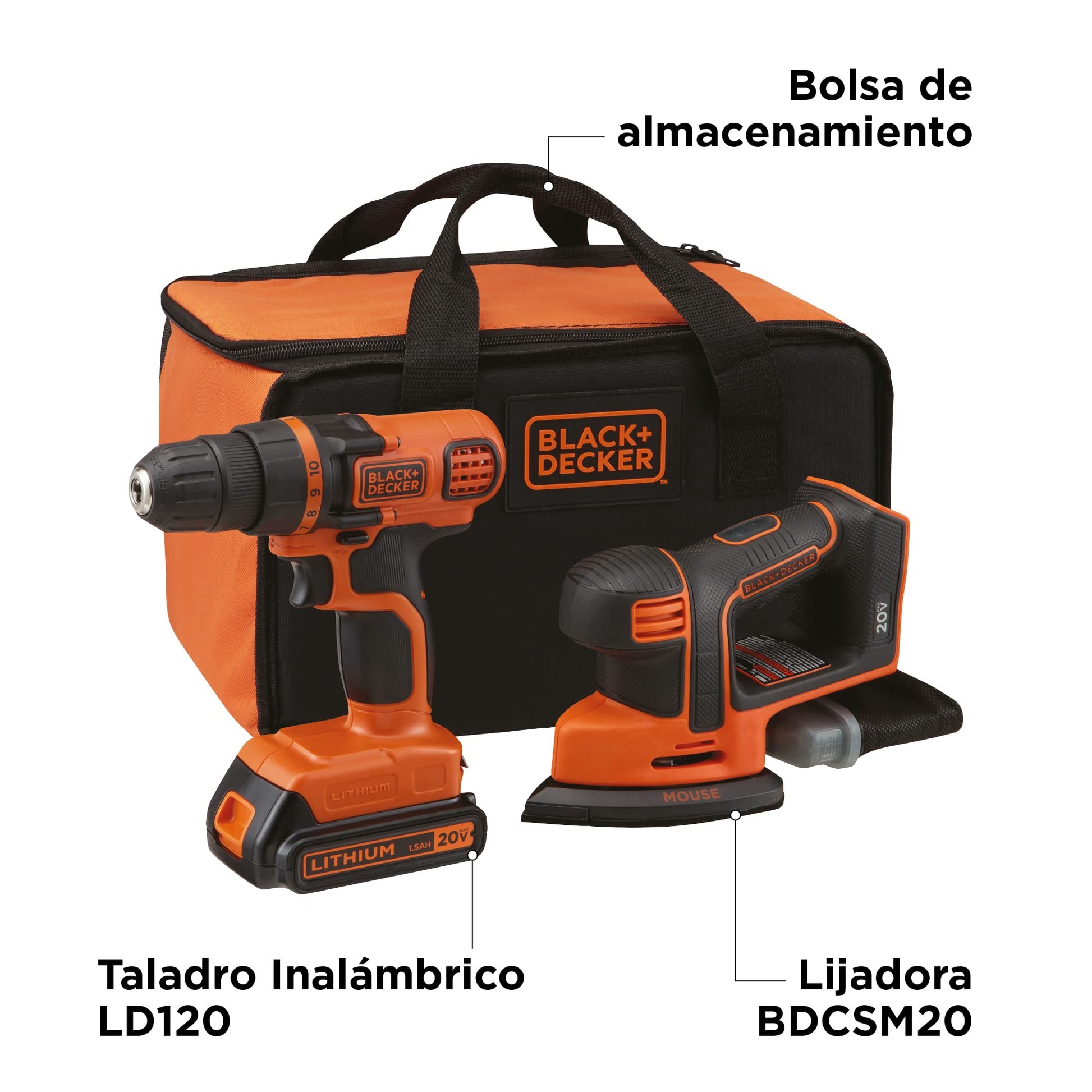 BLACK+DECKER Kit Taladro y Lijadora inalámbrico 20V MAX con Bolsa de almacenamiento LD120SB