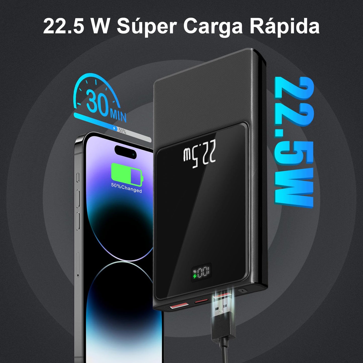 INTELIFE Power Bank 22.5W 20000 mAh Pila Portátil de Carga Rápida,USB-C 20W y Salida de USB-A 22.5w Banco de Batería Delgada Pantalla LED Compatible con iPhone 16/15/14 Serie, Android, Samsung,etc.