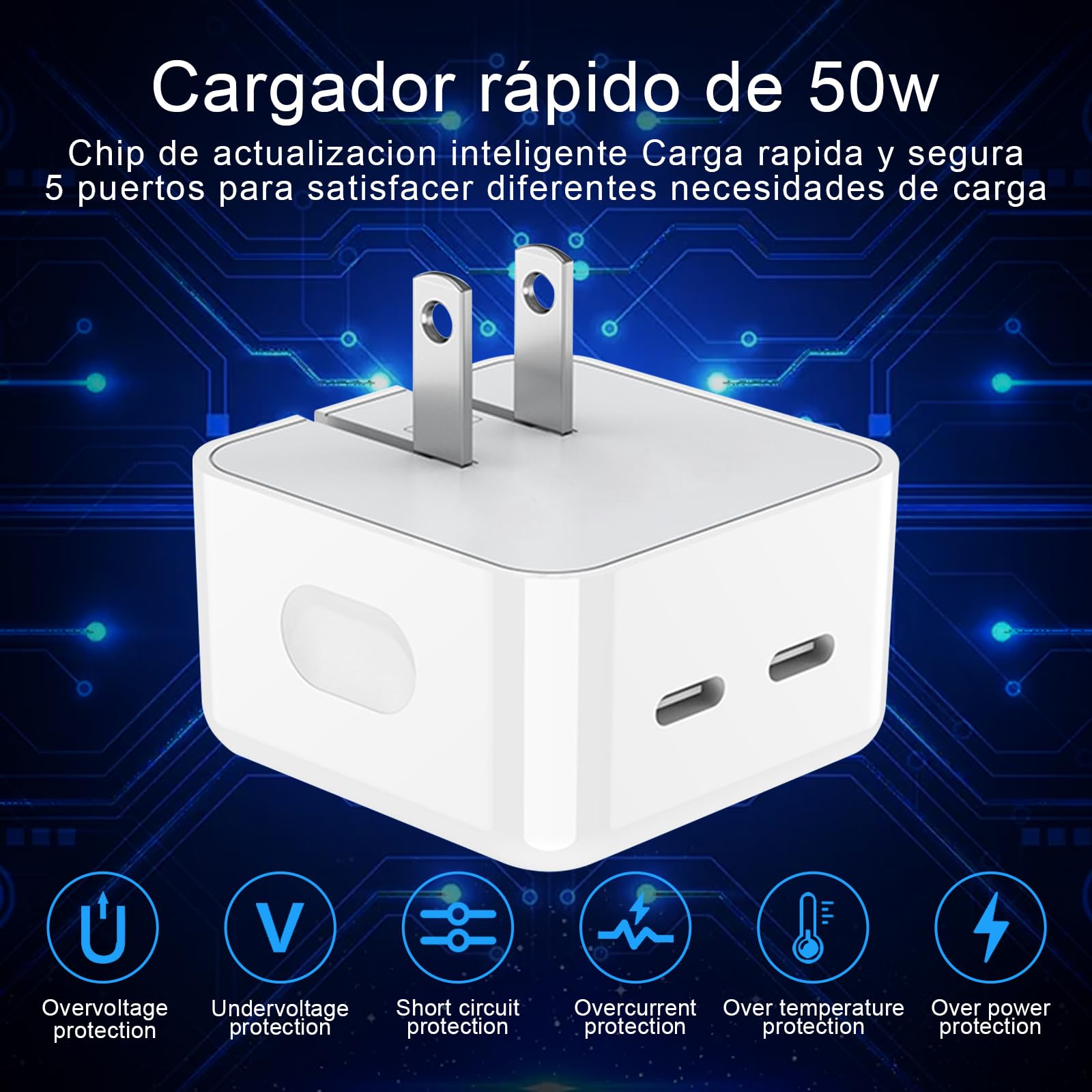 Cargador Tipo C con Cable 2m, 50W Cargador USB C PD25w+PD25w 2 en 1 Cargador Carga Rapida, Compatible con iPhone 14 13 12 11 Pro MAX iPhone Mini X XS XR 8 9 Plus iPad Pro Cargador iPhone Huawei