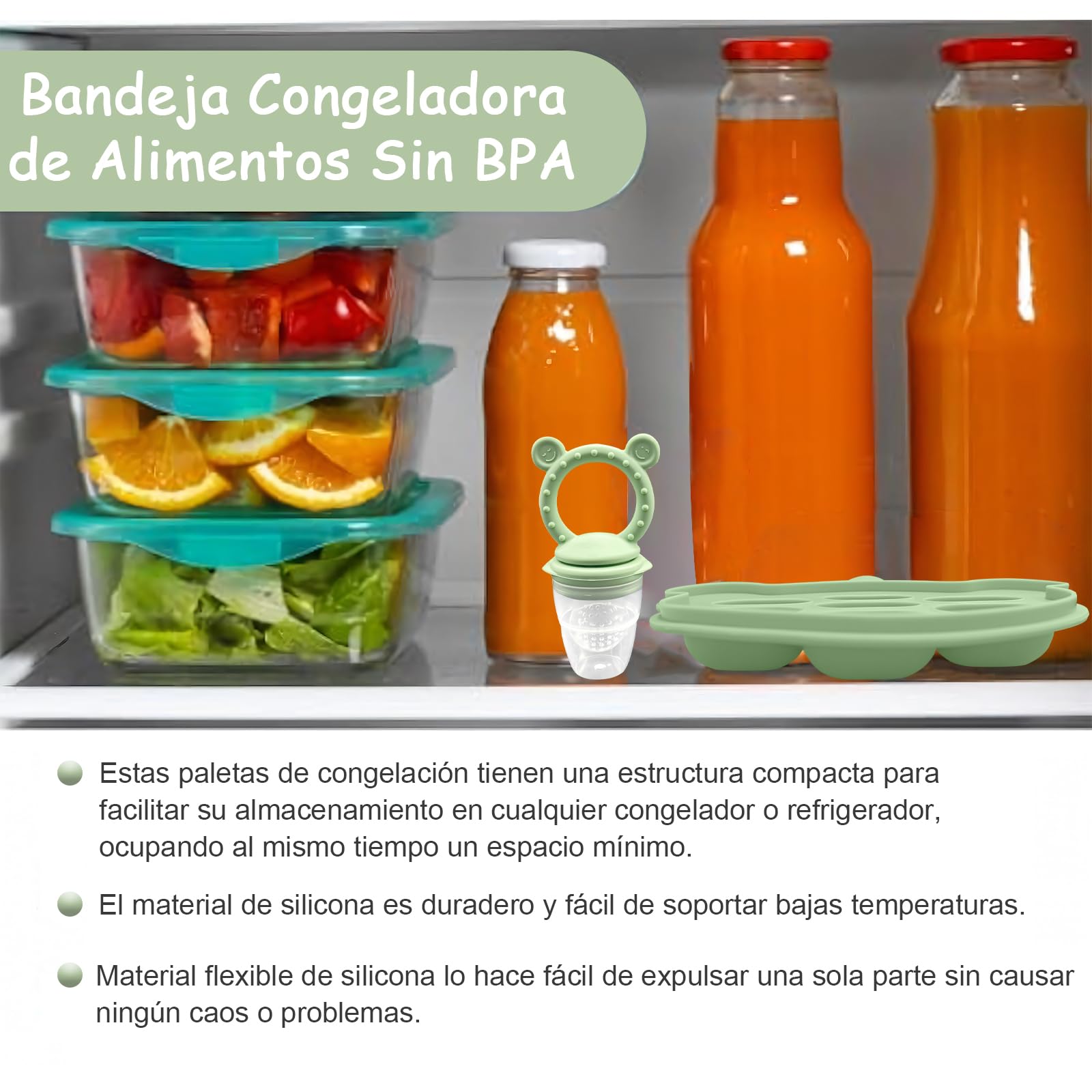 EHRHDKNS Bandeja Congeladora de Alimentos para Bebés Sin BPA, Adecuado para la Introducción Segura de Alimentos, Fruta y Papillas a Partir de los 4 Meses, Fortalece los Dientes del Bebé y le Ayuda a Comer Sano (Verde, Sonriente)