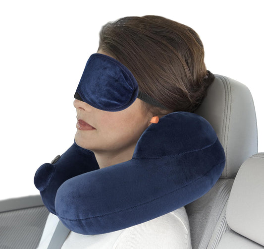 Almohada de Viaje 4 en 1, Almohada de Cuello,Almohada Avion Viaje Inflable con Máscara de Ojos,Tapones para Los Oídos Ruidosos,Bolsa con Cordón, Soporte de Cuello,para Avión,Oficina, Automóviles,Hogar