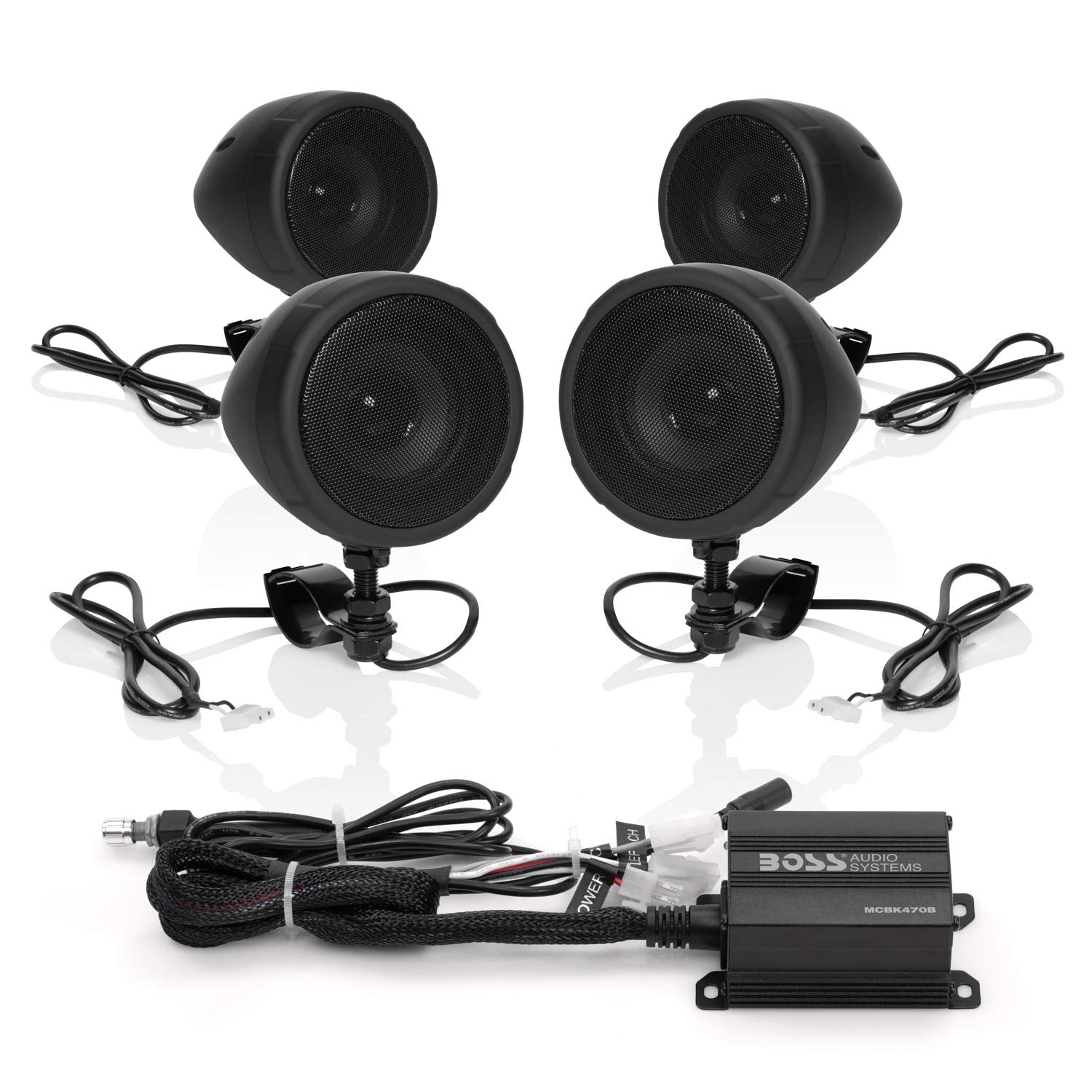 BOSS Audio MCBK470B Black 1000 Watt Motorcycle/ATV Sound System with Bluetooth Audio Streaming, Two Pairs of 3 Inch Weather Proof Speakers, Aux Input and Volume Control