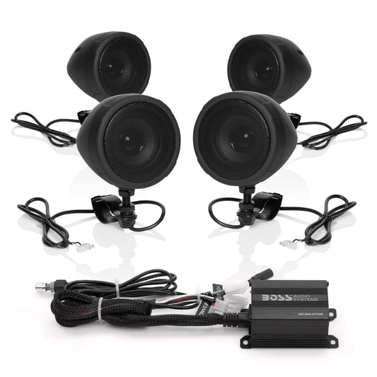 BOSS Audio MCBK470B Black 1000 Watt Motorcycle/ATV Sound System with Bluetooth Audio Streaming, Two Pairs of 3 Inch Weather Proof Speakers, Aux Input and Volume Control