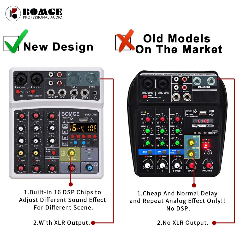 BOMGE 04D portátil Bluetooth 4 canales DJ mezclador de sonido de audio con interfaz USB, entrada de alimentación Phantom de 48 V, 16 efectos de eco para grabación, transmisión en vivo, canto (negro)