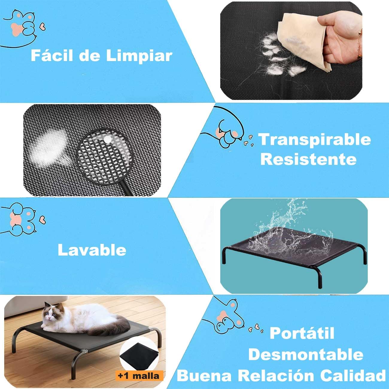 DYNAFIRE Cama para Perro, Cama Elevada para Perro de Antideslizante, con 2 Malla de Transpirable y Lavable. Cama Portátil Mascota para Interior y Exterior. Color Negro