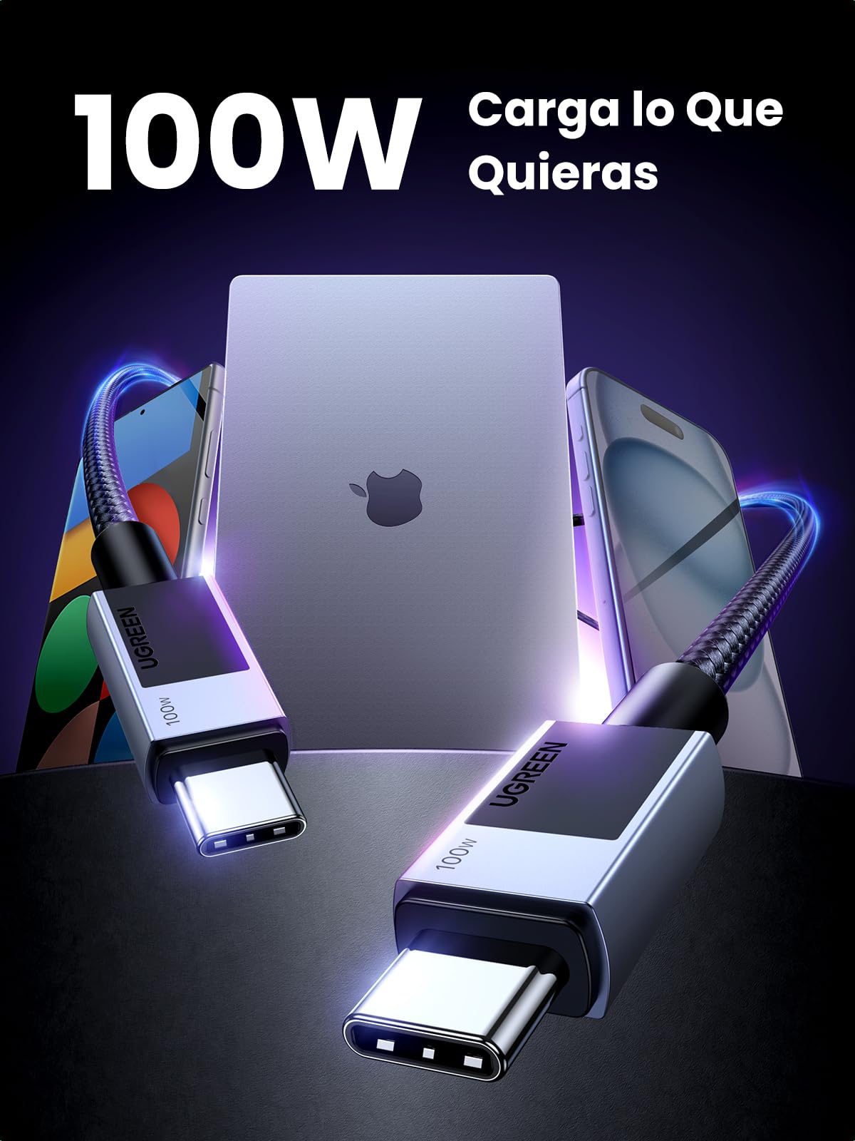 Cable USB C UGREEN 100W Negro Carga Rápida PD 3.0 2M Compatible con MacBook Air para Hombre