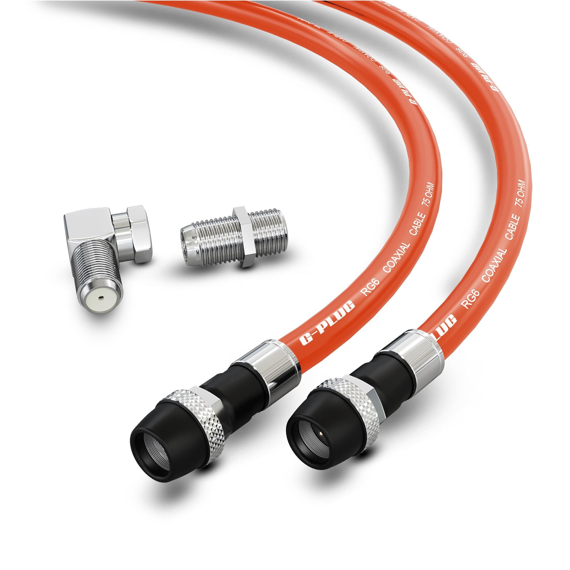 G-PLUG Cable Coaxial RG6 75 Ohm, Triple Blindaje, Impermeable, Conectores F Tipo Macho a Macho, Cable Antena TV, Satelital e Internet Banda Ancha, Incluye Acoplador F81, Naranja