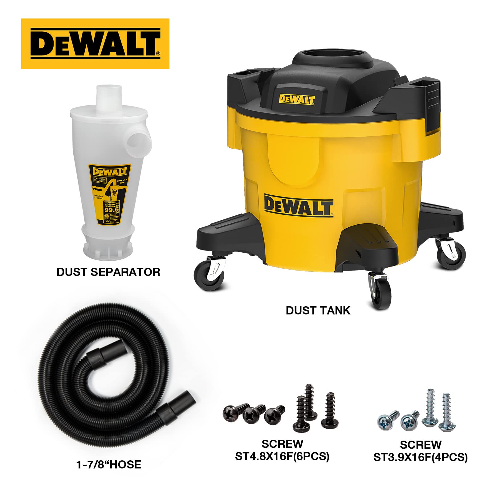 DEWALT Separador de Polvo con Tanque de Polietileno de 6 galones, colector de Polvo ciclón de eficiencia 99.5%, Filtro colector de Polvo de Ciclo de Alto Rendimiento, DXVCS002, Amarillo