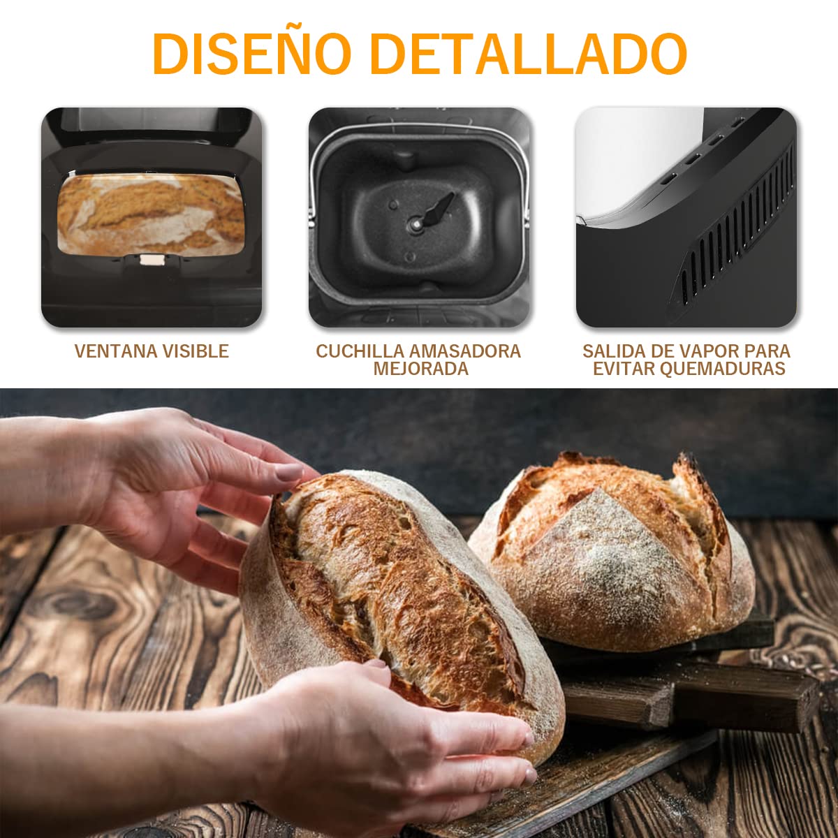 GALULU - Máquina para hacer pan,Máquina de pan con 19 preestablecidos, Función sin gluten,Ajustes de aislamiento,3 tamaños de pan,Recetas y accesorios incluidos,2 Libras Negro)