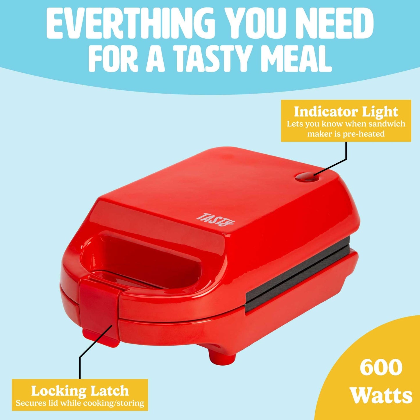 Sandwichera Tasty Roja 600W para Resultados Rápidos y Fácil Limpieza