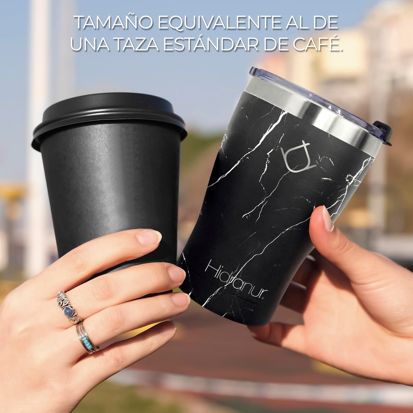 Hidranur Termo de Acero Inoxidable Doble Aislamiento Térmico, 12 Oz (354.882 ml), Termo para Café, Tapa Hermética Antifugas, Popote Incluido (Negro Mármol, 12 Oz (354.882 ml))