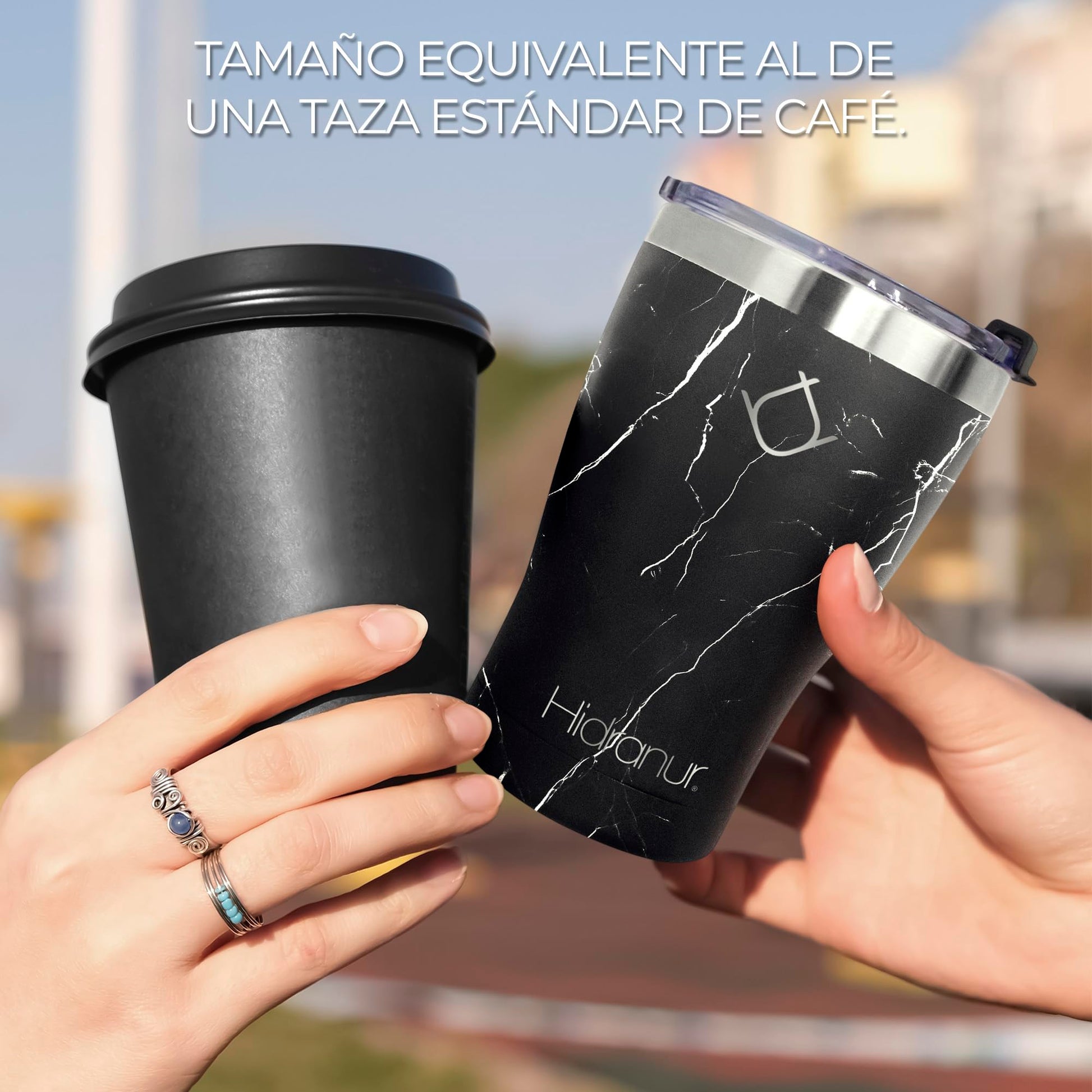 Hidranur Termo de Acero Inoxidable Doble Aislamiento Térmico, 12 Oz (354.882 ml), Termo para Café, Tapa Hermética Antifugas, Popote Incluido (Negro Mármol, 12 Oz (354.882 ml))