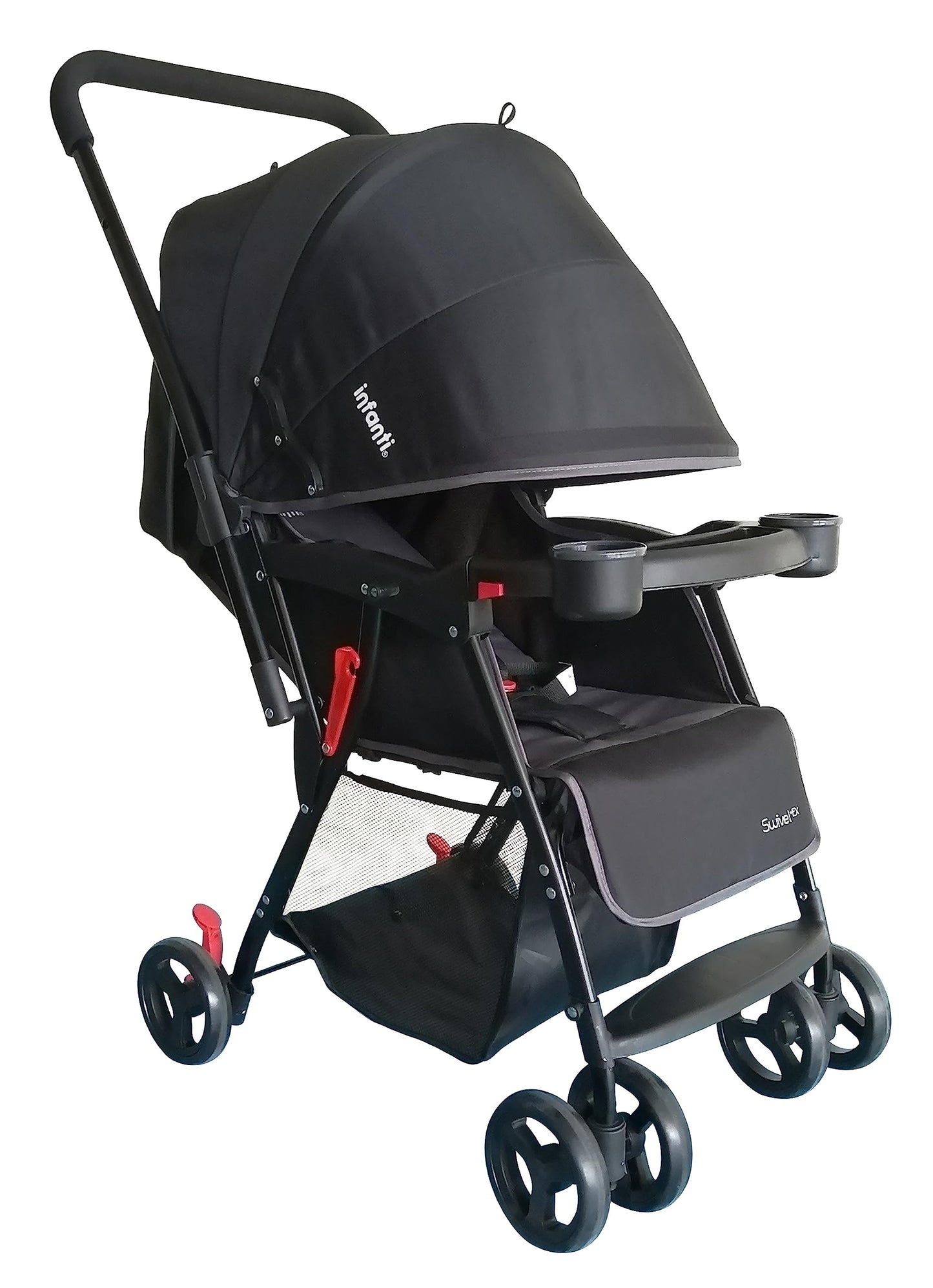Infanti | Carriola para Bebe Swivel Negro | Carreola de Viaje - Carriola de Viaje Plegable - Carrito para Bebe con Mango Reversible | Cosas para Bebes 6 Meses a 15kg | Incluye 2 Portavasos