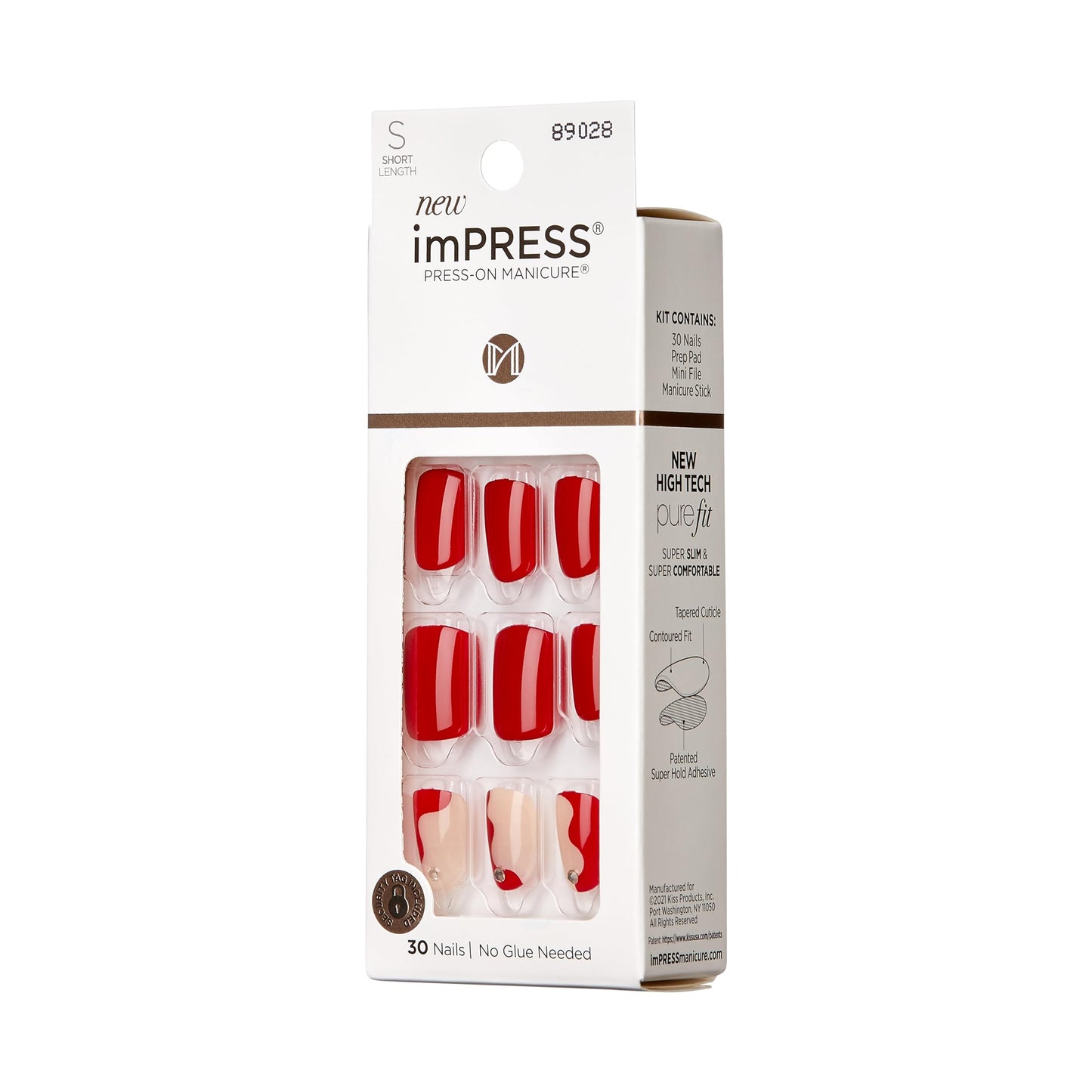 Uñas postizas sin pegamento KISS, diseño 'Adore You', rojo, tamaño corto, forma ovalada, incluye 30 uñas, almohadilla de preparación, hoja de instrucciones, 1 palito de manicura, 1 lima pequeña