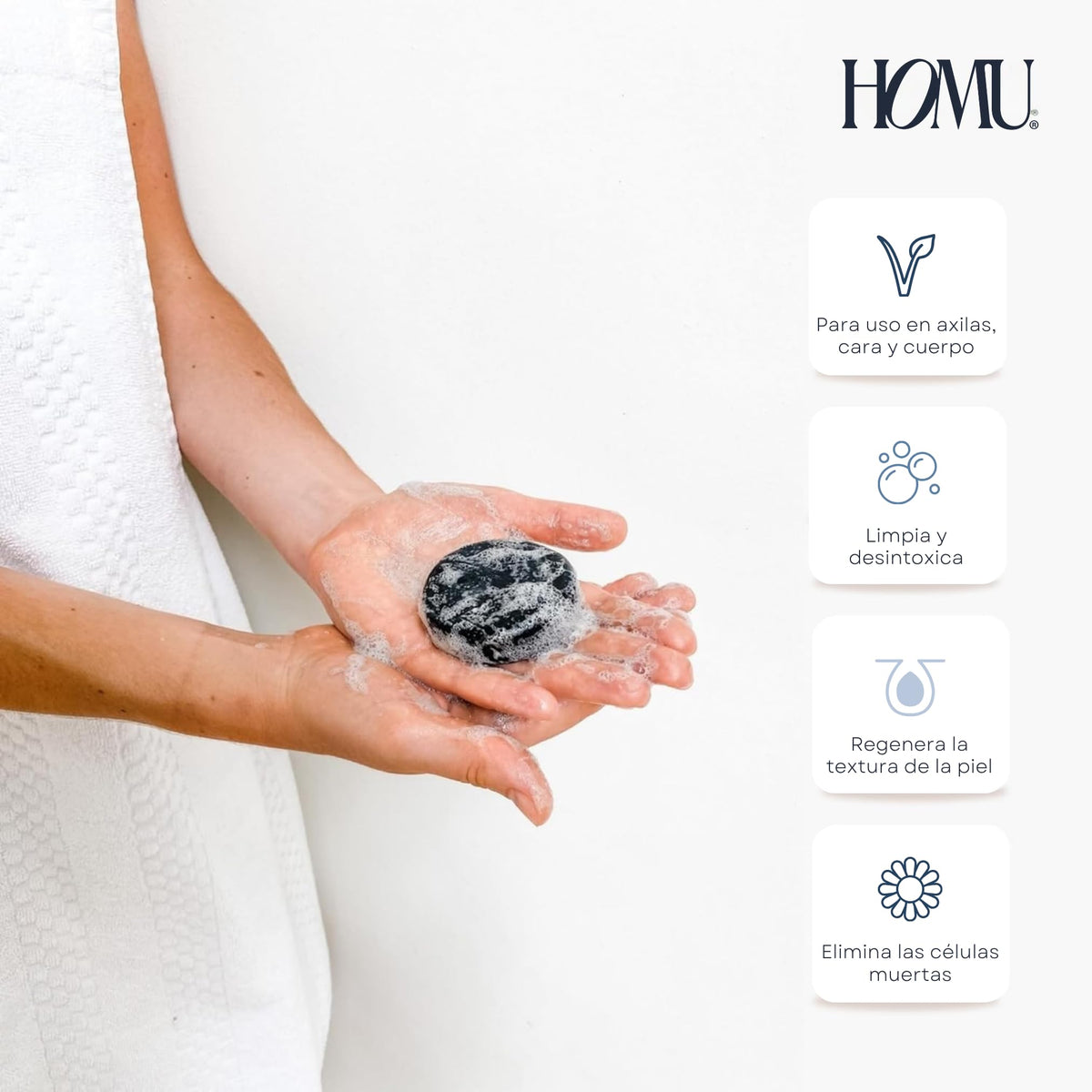 HoMu Jabón Barra Detox con Carbón Activado 50g (Pack 10) – Control de olor para Axilas, Limpieza Profunda de Poros, Para Todo Tipo de Piel, Cuerpo y Rostro