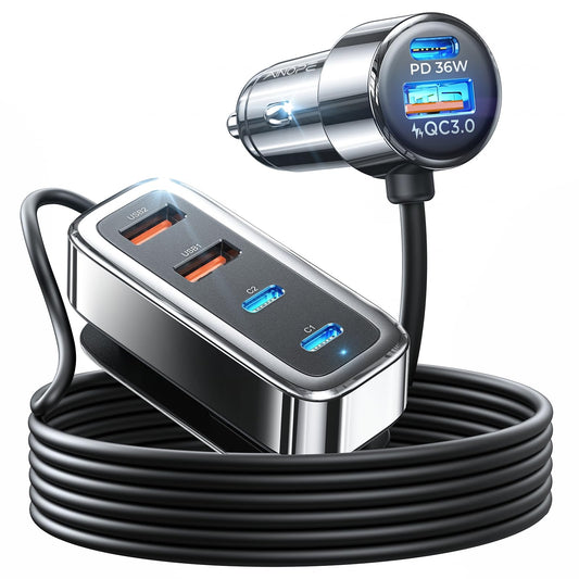 AINOPE Cargador USB de Coche Multi Puerto, 108W Rápido USB C Cargador de Coche PD 36W & QC3.0 Esencial para Viajes Largos Niños con Cable de 5FT para iPhone 16 15 Pro MAX 14/iPad/Samsung S24