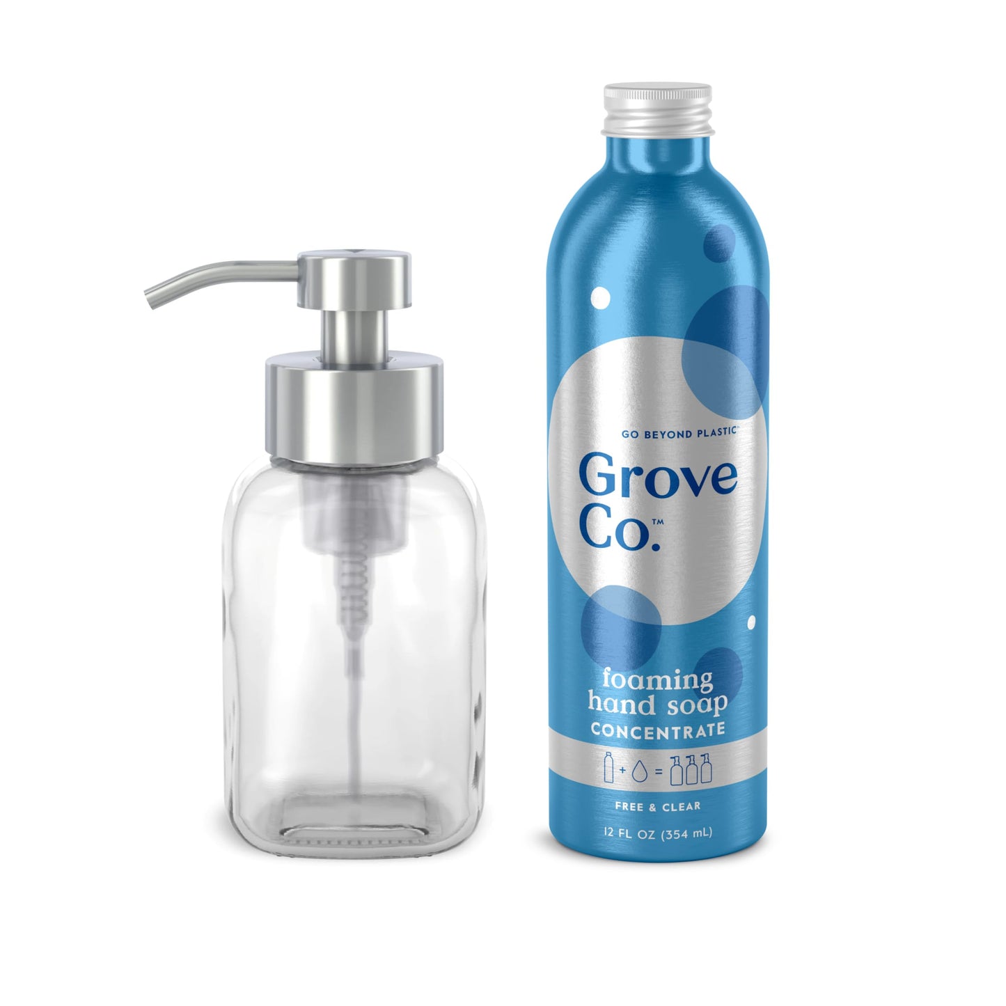 Grove Co. Jabón de manos espumoso concentrado (355 ml) + dispensador de jabón de vidrio reutilizable, kit de inicio rellenable sin plástico, sin perfume.