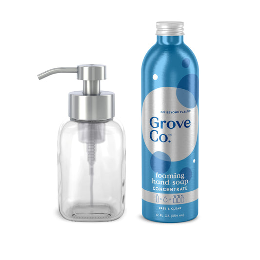 Grove Co. Jabón de manos espumoso concentrado (355 ml) + dispensador de jabón de vidrio reutilizable, kit de inicio rellenable sin plástico, sin perfume.