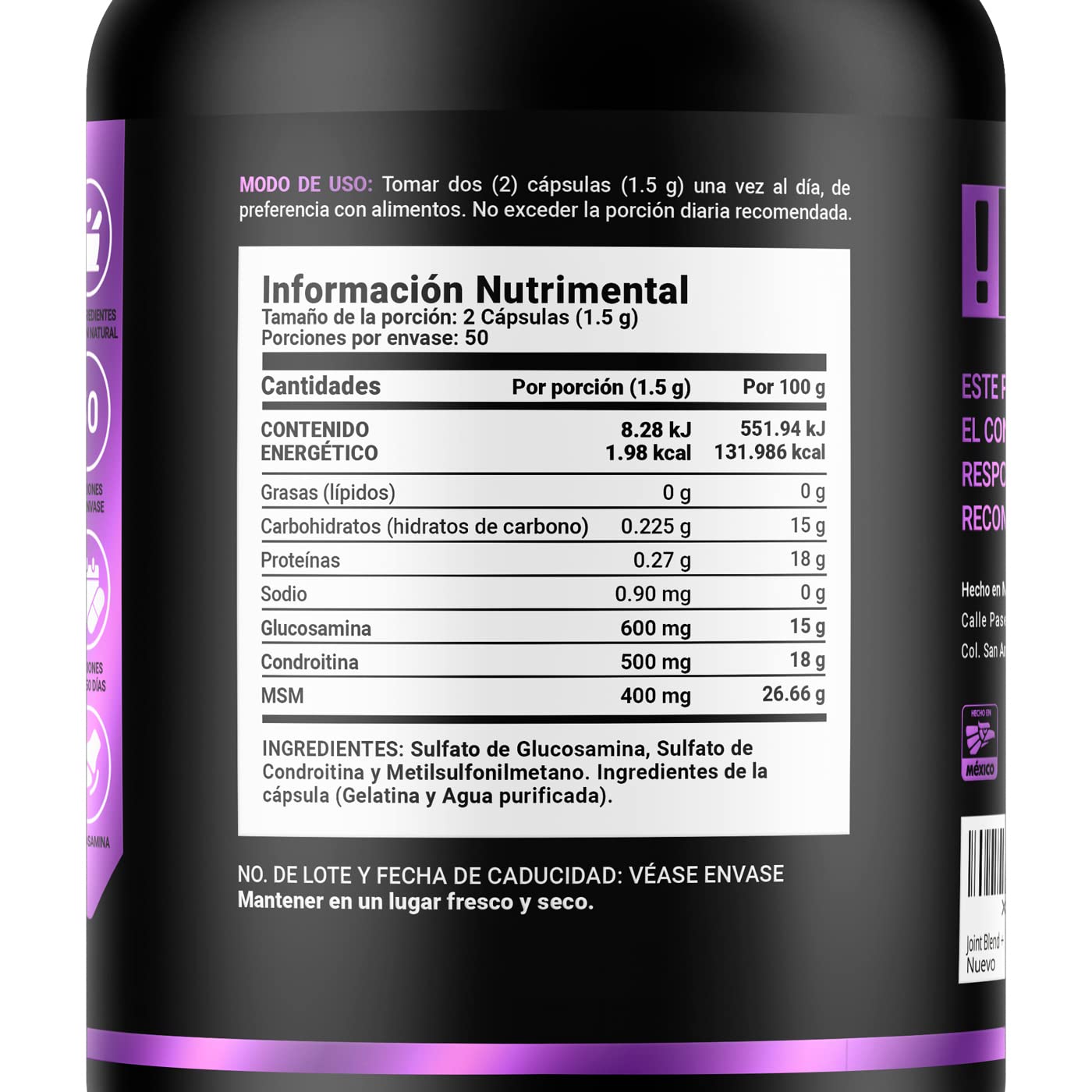Glucosamina, Condroitina y MSM 100 Cápsulas 1500 mg por porción. Ingredientes Naturales. Joint Blend B Life.