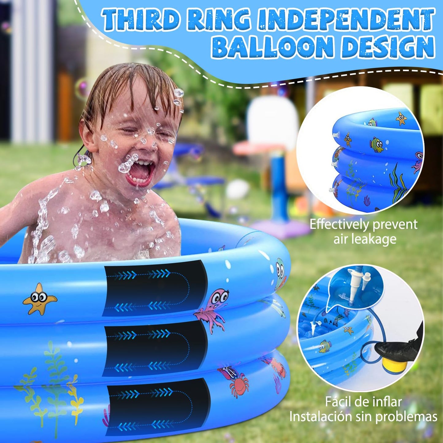 Alberca Inflable para Niños, 150x35cm Piscina Alberca Inflable Redonda, Mini Piscina Albercas 3 Niveles, Acuáticos Verano para Niños Niñas y Adultos al Aire Patio Trasero (Azul, Viene con Globo Agua)