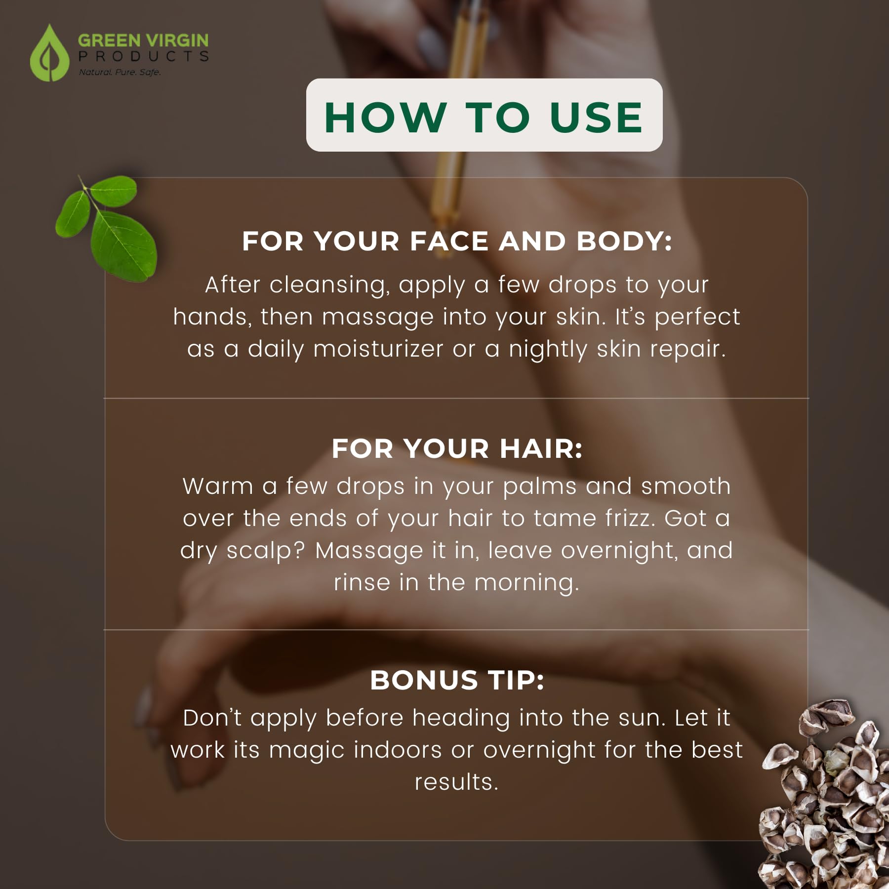Moringa Oil, Cold Pressed 100% Pure, Food Grade