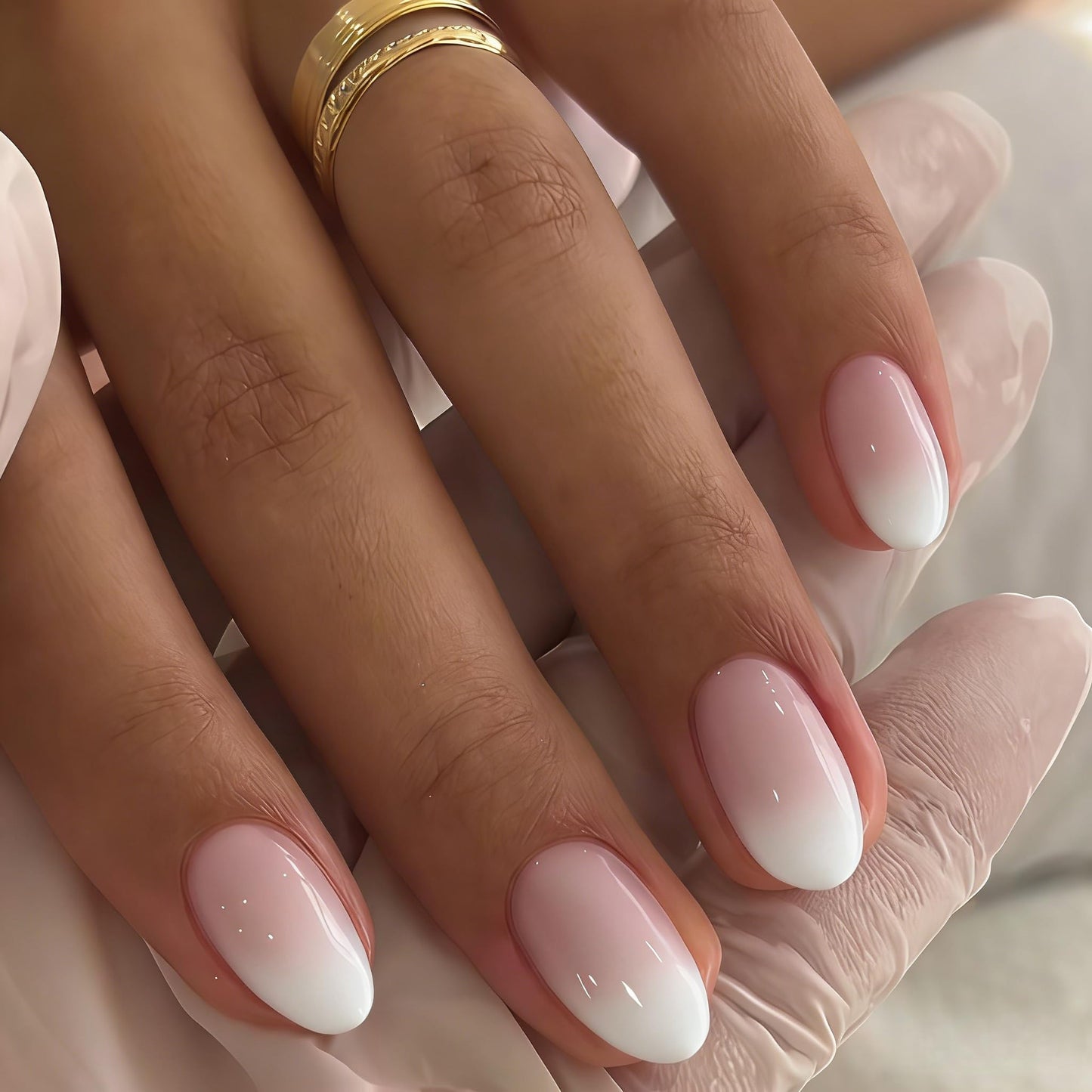 JOYVVEW Uñas postizas Ombre cortas ovaladas, 32 piezas, 16 tamaños, uñas postizas rosa degradado, almendradas, ajuste natural, uñas francesas brillantes con pegamento, acrílicas.