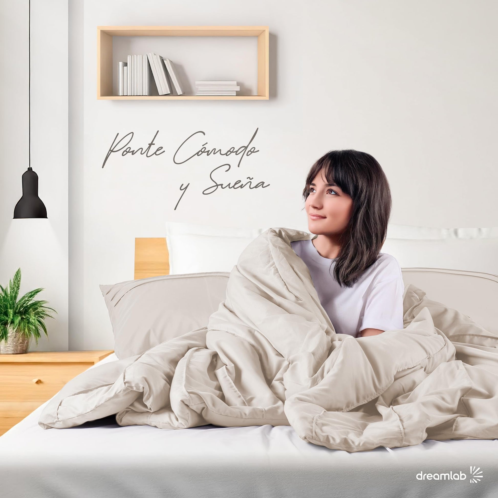 Juego Edredón Queen Dreamlab Beige Ultra Suave Hipoalergénico Reversible Plisado