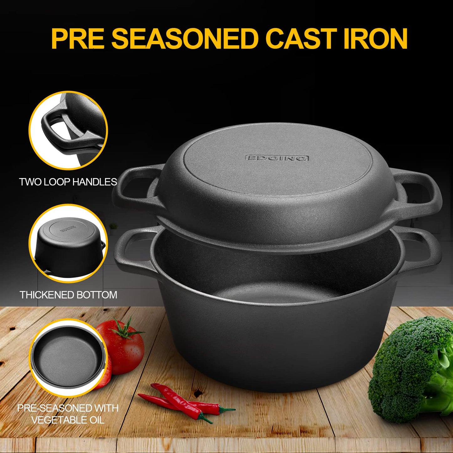 EDGING CASTING - Olla de hierro fundido presazonada 2 en 1 con tapa de sartén, sartén de hierro fundido con doble asa, para interior y exterior para pan/freír/hornear/acampar/barbacoa, 5 cuartos