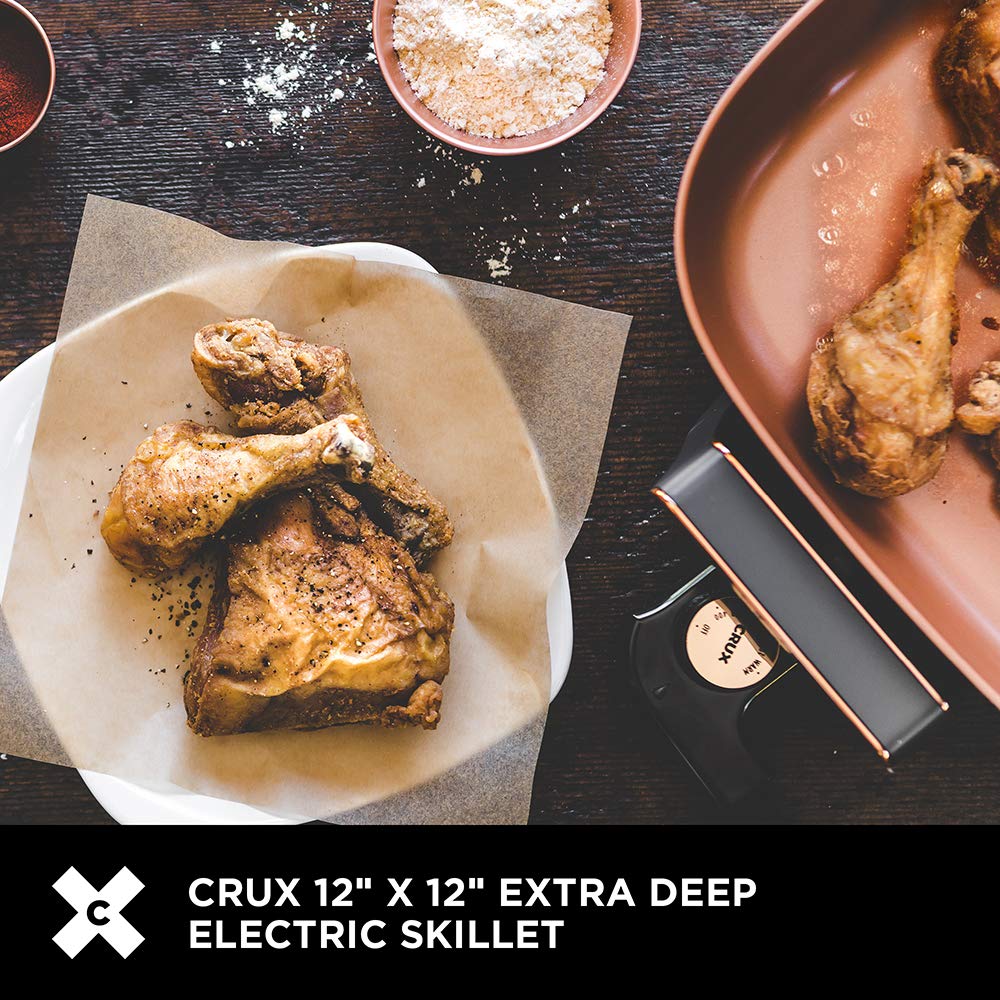 CRUX - Sartén eléctrica con tapa de vidrio, sartén de cerámica antiadherente resistente a los arañazos, extra profunda con sonda de temperatura extraíble, 12 x 12 pulgadas, 1400 vatios, última