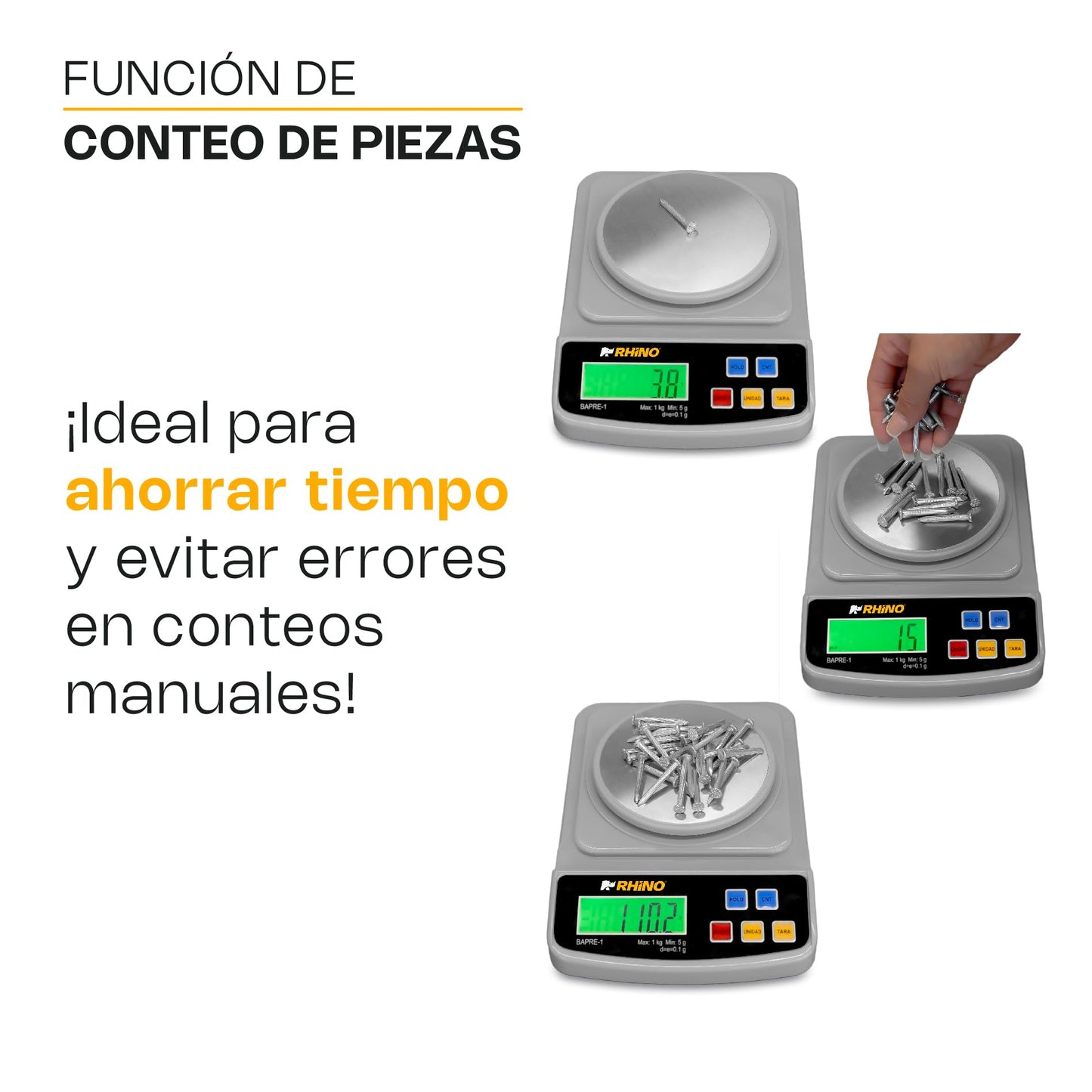 Báscula de Precisión RHINO Acero Inoxidable Diseño Compacto 1kg/0.1g con Función de Conteo y TARA