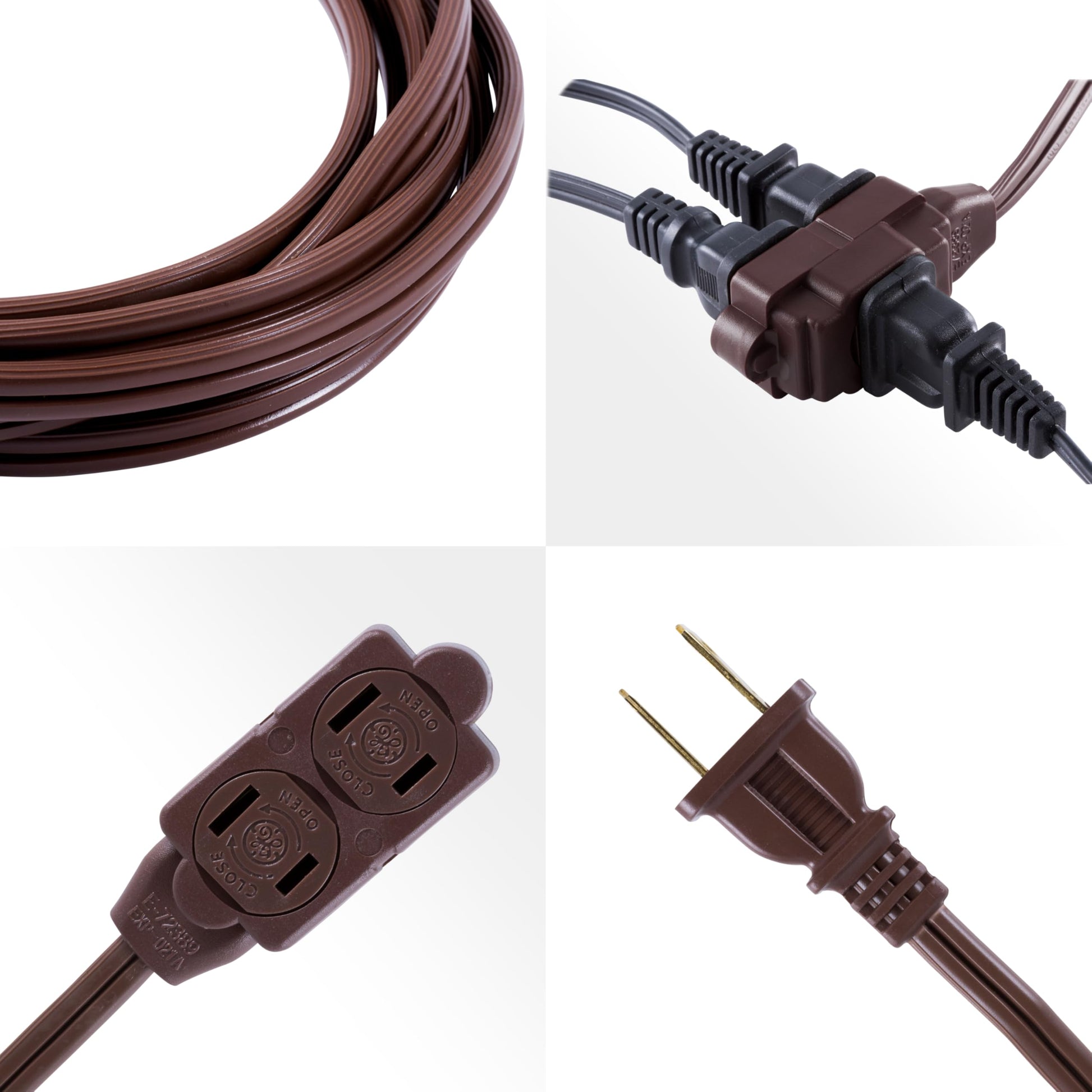 GE Designer - Extensión trenzada, 3 tiras, salidas de 2 dientes, enchufe plano, cable de alimentación sin enredos, perfecto para el hogar, la oficina o la cocina, clasificación UL, 4.6 m, Marrón