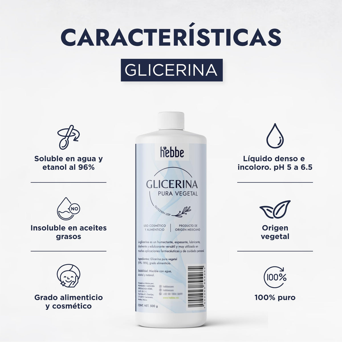 Hebbe Glicerina Vegetal Pura 500 g | Humectante Calmante | Para Piel Sensible | Refuerza Barrera Cutánea | Uso Cosmético y Alimenticio
