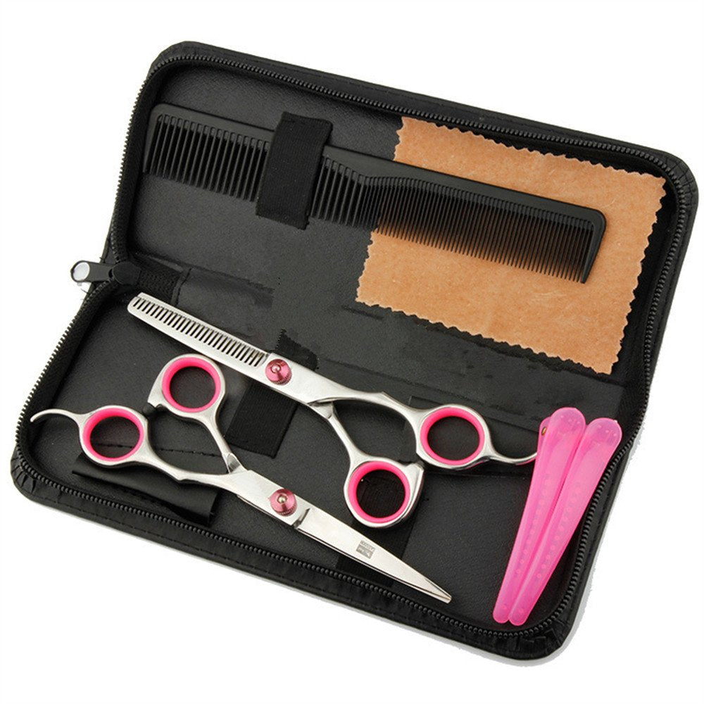 Tijeras profesionales para cortar el pelo, juego de tijeras de peluquería, kit de adelgazamiento de pelo familiar, herramienta de corte de pelo de peluquería, textura de adelgazamiento, rosa, 6 pulgadas