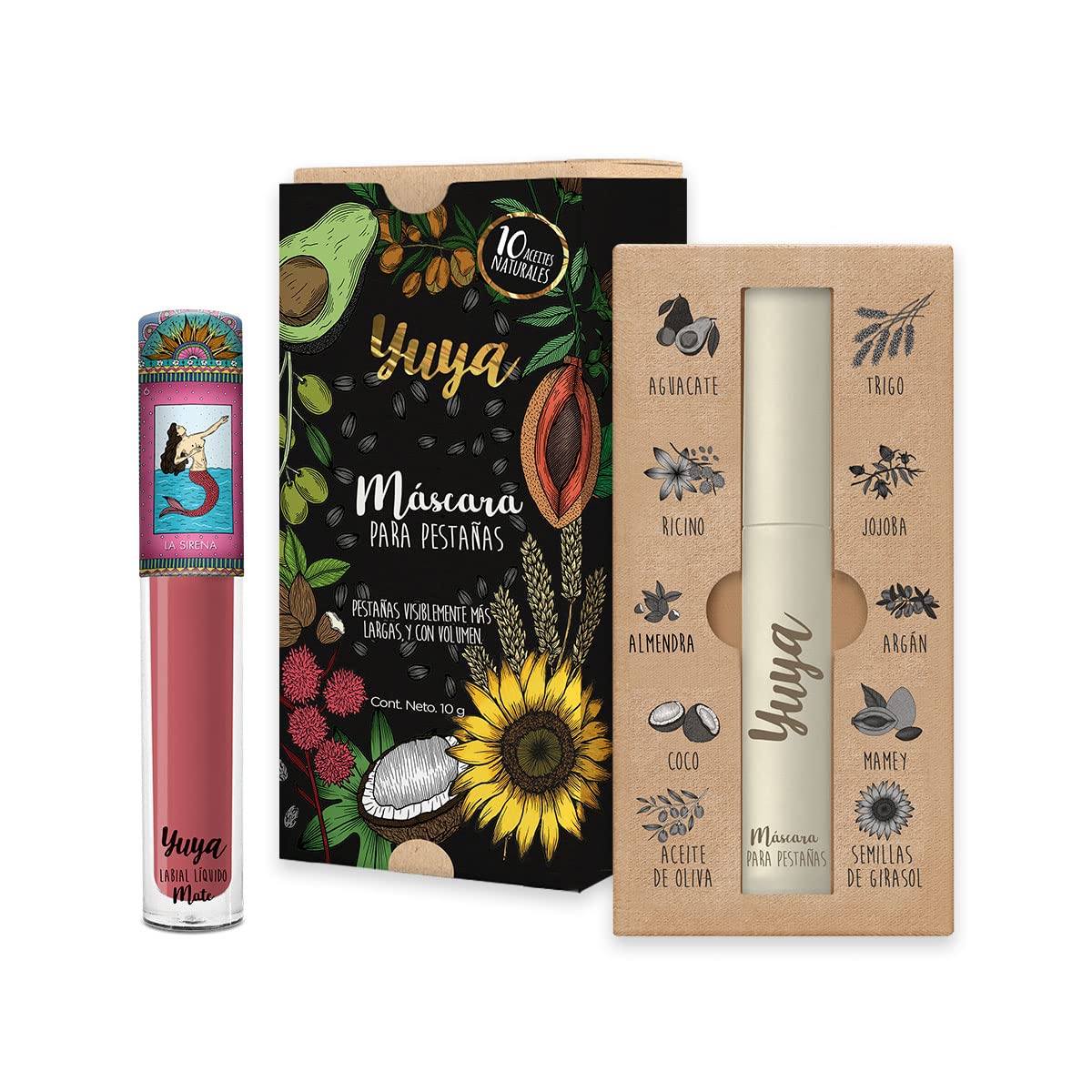 Yuya - Set máscara 10 aceites + Labial La sirena - Set de maquillaje - Voluminizador y alargador