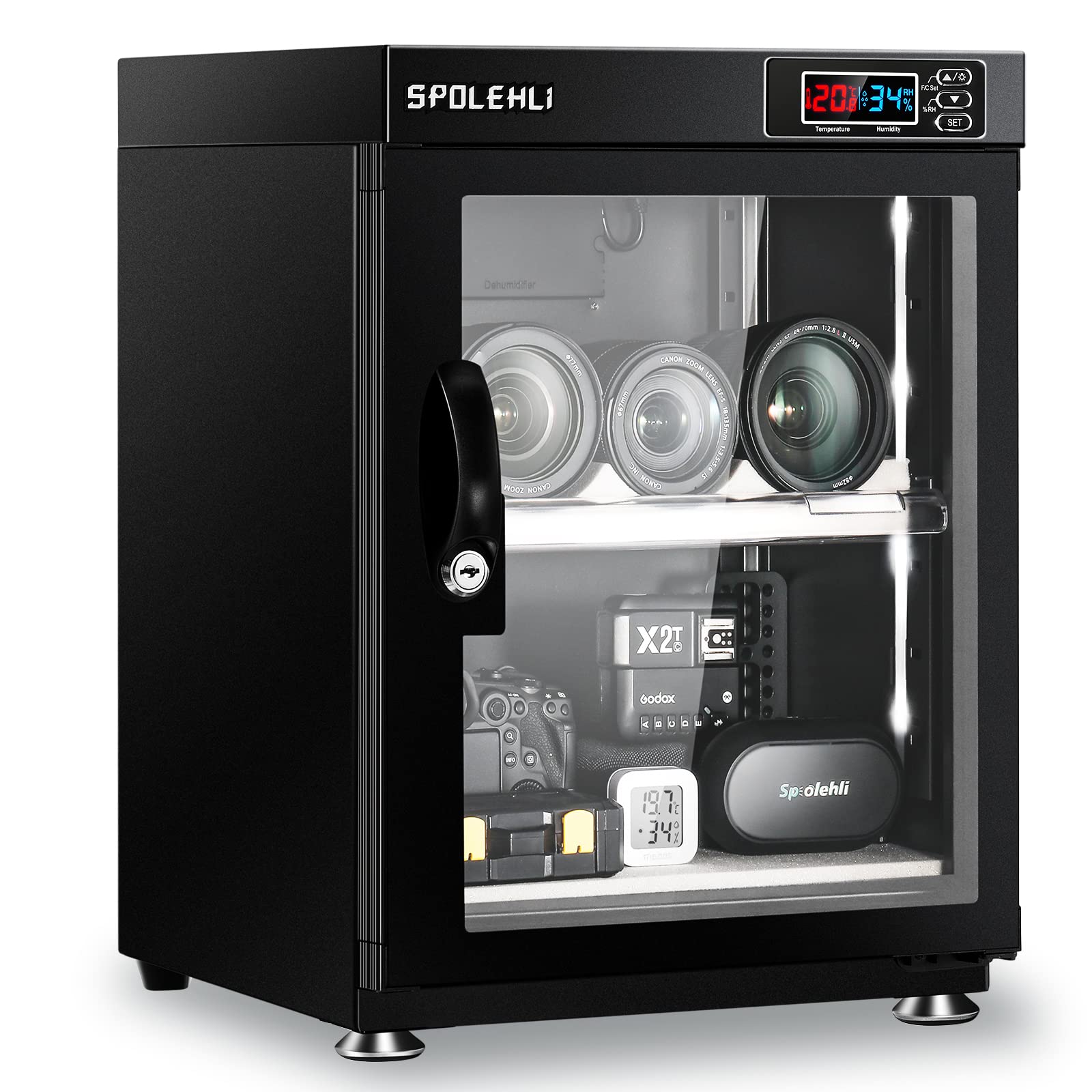 Cámara de gabinete seco con control digital, deshumidificador electrónico de 35 l, caja seca con luces LED, silenciosa y ahorro de energía para lente de cámara y almacenamiento de equipos electrónicos