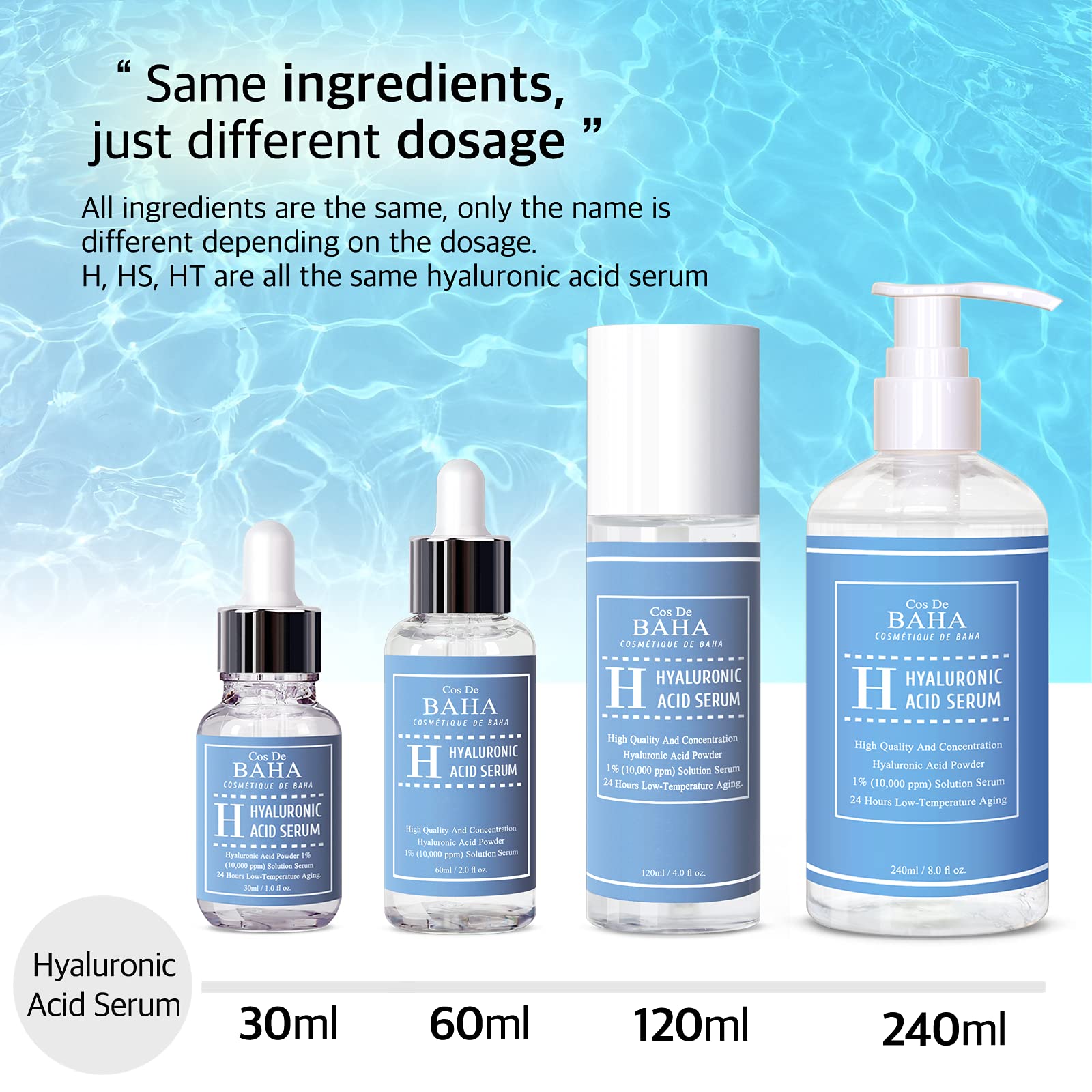 CosDeBAHA Pure 100% Hyaluronic Acid Moisturizer Serum, anti-aging, anti-wrinkles, Original Collagen Booster, Plumping, Softens Fine Lines, HA Powder 1%, Natural Facial Skin Care, paraben-free, 1Fl.oz