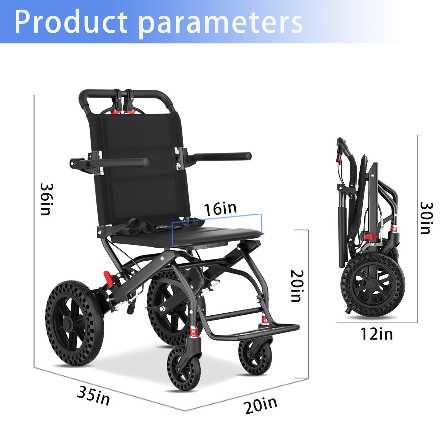 Hopelight Silla de ruedas plegable ultraliviana con ruedas de panal de abeja de 12 pulgadas, sillas de ruedas de viaje con pedales plegables y brazos abatibles, freno de mano y bolsa de almacenamien