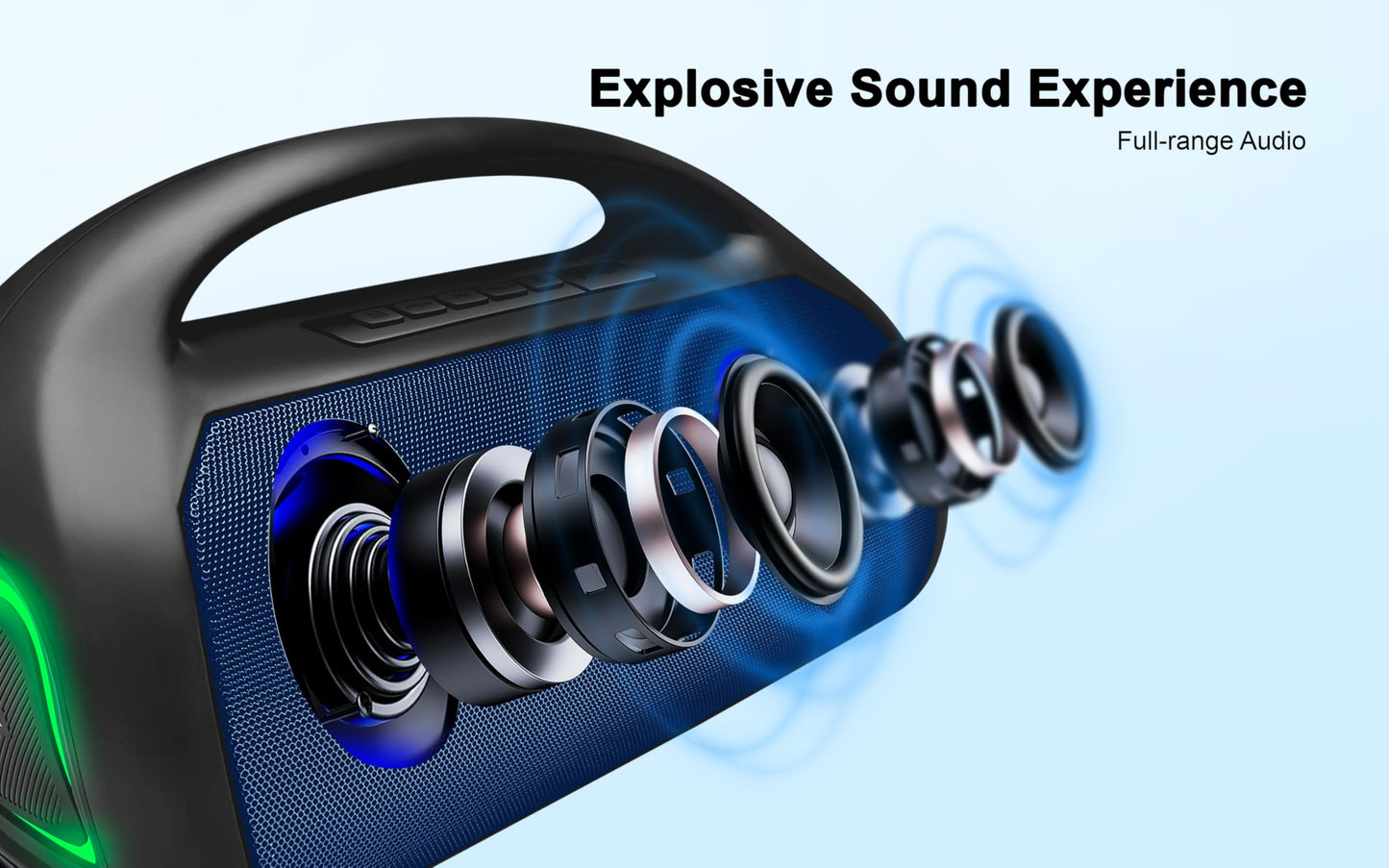Fisher - Altavoces portátiles Bluetooth - Altavoz inalámbrico portátil con potencia máxima de 20 W, sonido HD, luces RGB, IPX4 resistente al agua, emparejamiento TWS, radio FM, BT 5.3, tiempo de