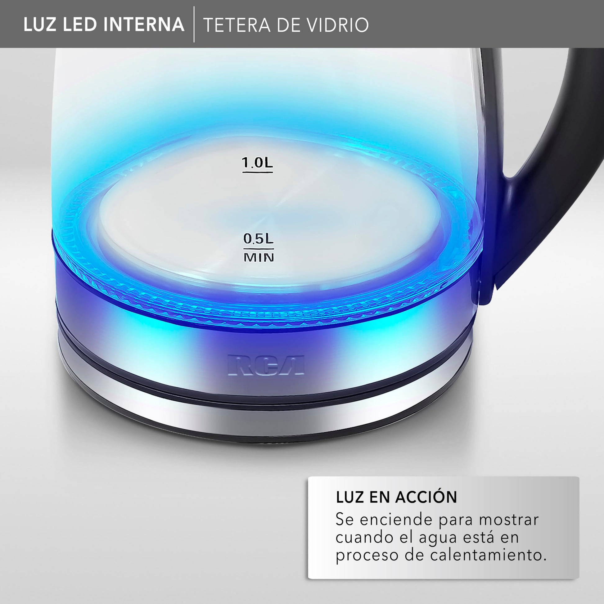 Tetera Eléctrica RCA Vidrio LED 1.8L con Apagado Automático y Protecciones.