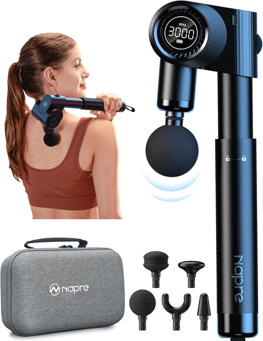Napre Pistola de Masaje Masajeador Muscular Percusión Massage Gun Pistola Masajeadora Muscular,Espalda Cuello Hombro y relajar el cuerpo,Plegable con 5 Ángulos Ajustables,Mango de Metal de Larga Extensión,32 Velocidades,con Maletín de Transporte