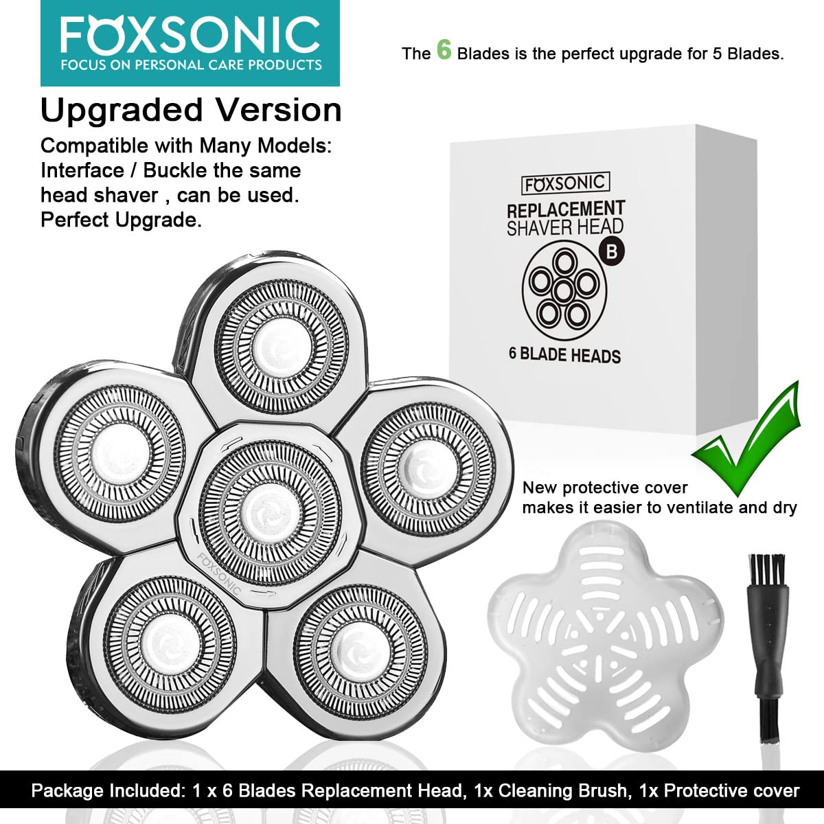 FOXSONIC Silvery - Cabezales de repuesto para afeitadora eléctrica para hombre, cabeza de repuesto de 6 cuchillas