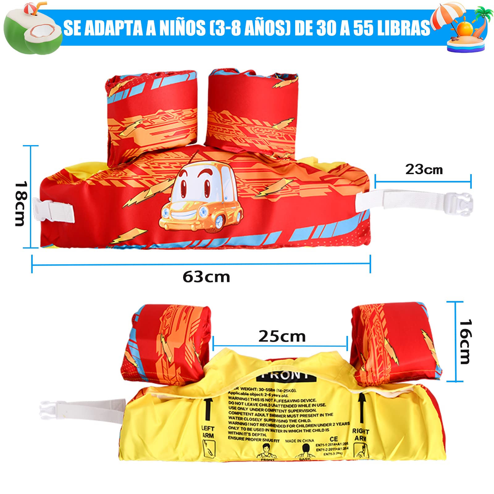 Chaleco Flotador VVYY8985 Coche Ajustable para Niños 3 a 8 Años