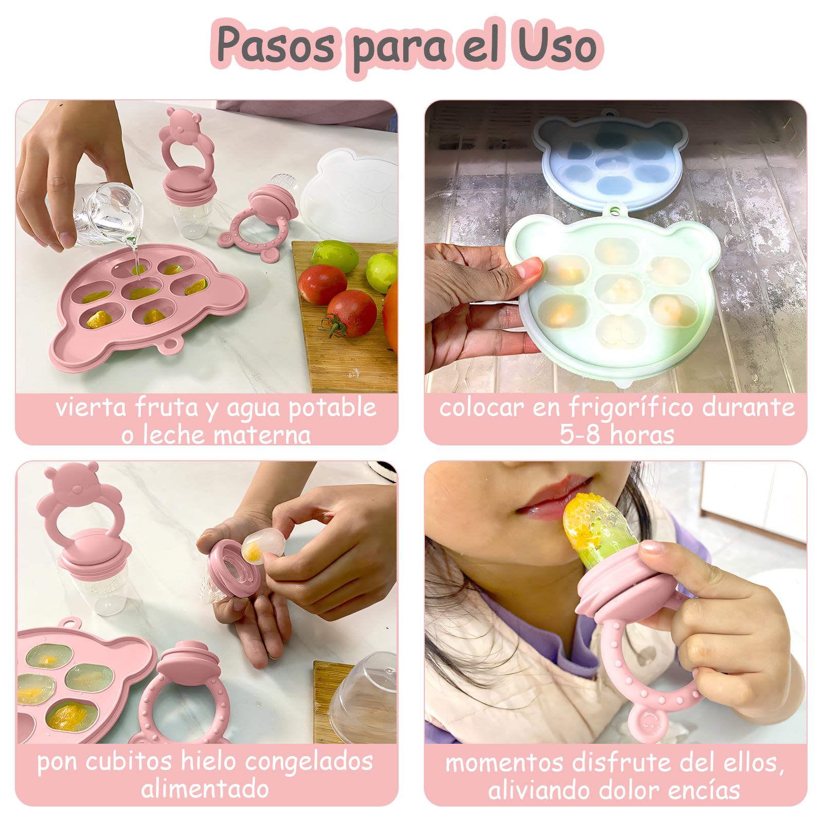 EHRHDKNS Bandeja Congeladora de Alimentos para Bebés Sin BPA, Adecuado para la Introducción Segura de Alimentos, Fruta y Papillas a Partir de los 4 Meses, Fortalece los Dientes del Bebé y le Ayuda a Comer Sano (Rosa, Sonriente)