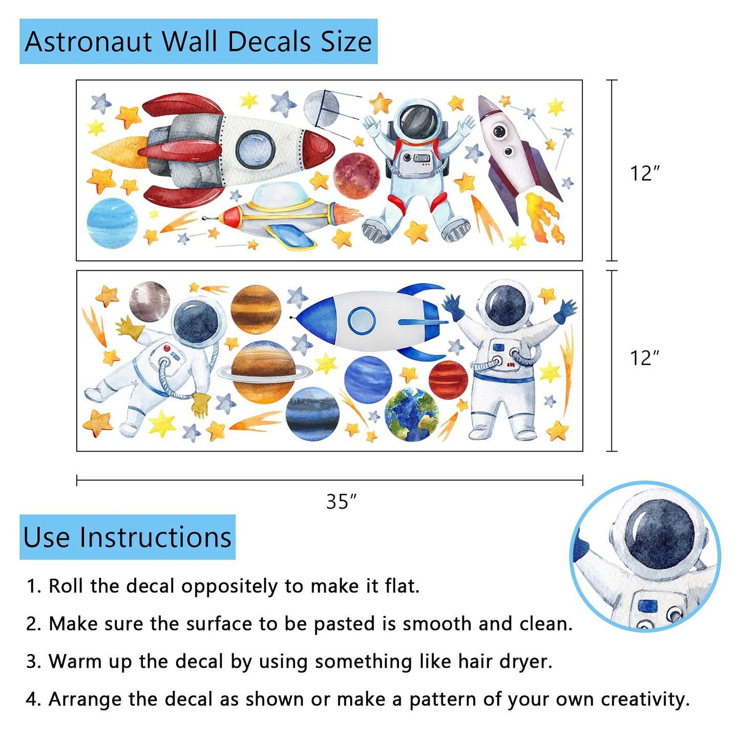 Yovkky Space Astronauta - Calcomanía de pared para naves espaciales, sistema solar galaxia, planeta, despegar, pegatina de acuarela, cohete, cosmonauta, astronave espacial, estrella, decoración del