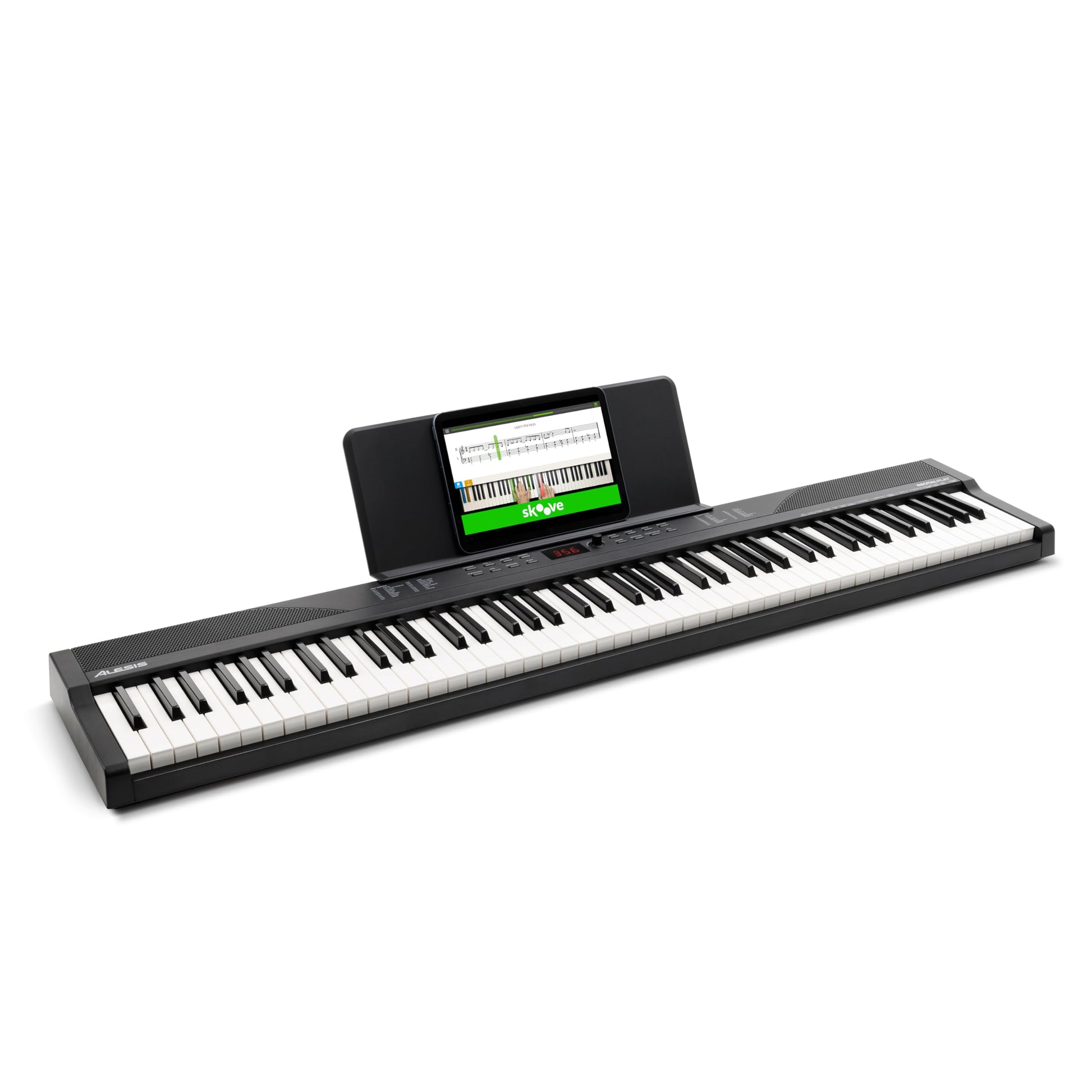 Alesis Teclado piano con 88 teclas y 480 sonidos, altavoces, MIDI USB, atril, adaptador de corriente y lecciones de piano para principiantes