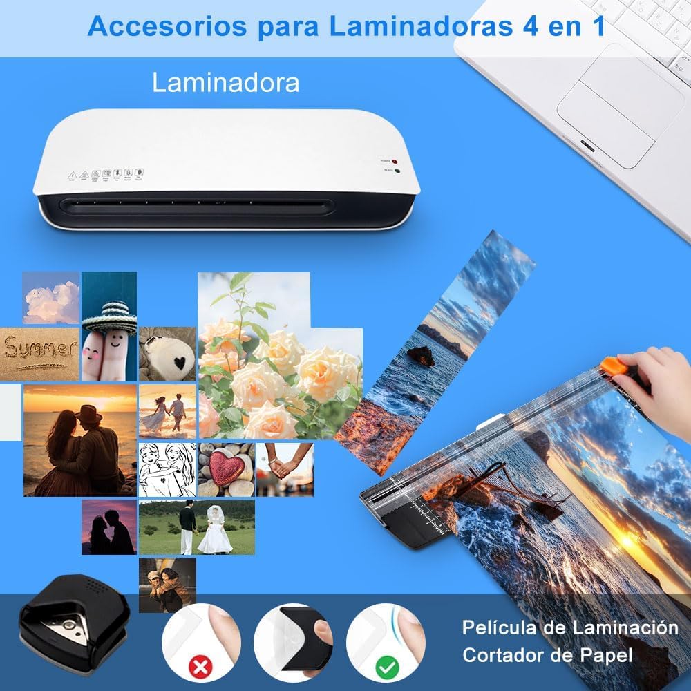Laminadora Térmica, Enmicadora Tamaño Carta y Oficio,con Cortador de Papel y Redondeador de Esquina,75 Hojas Laminas (25*A4, 25*A5, 25*4R), Plastificadora 9 Pulgadas Frío y Caliente para Hogar,Oficina