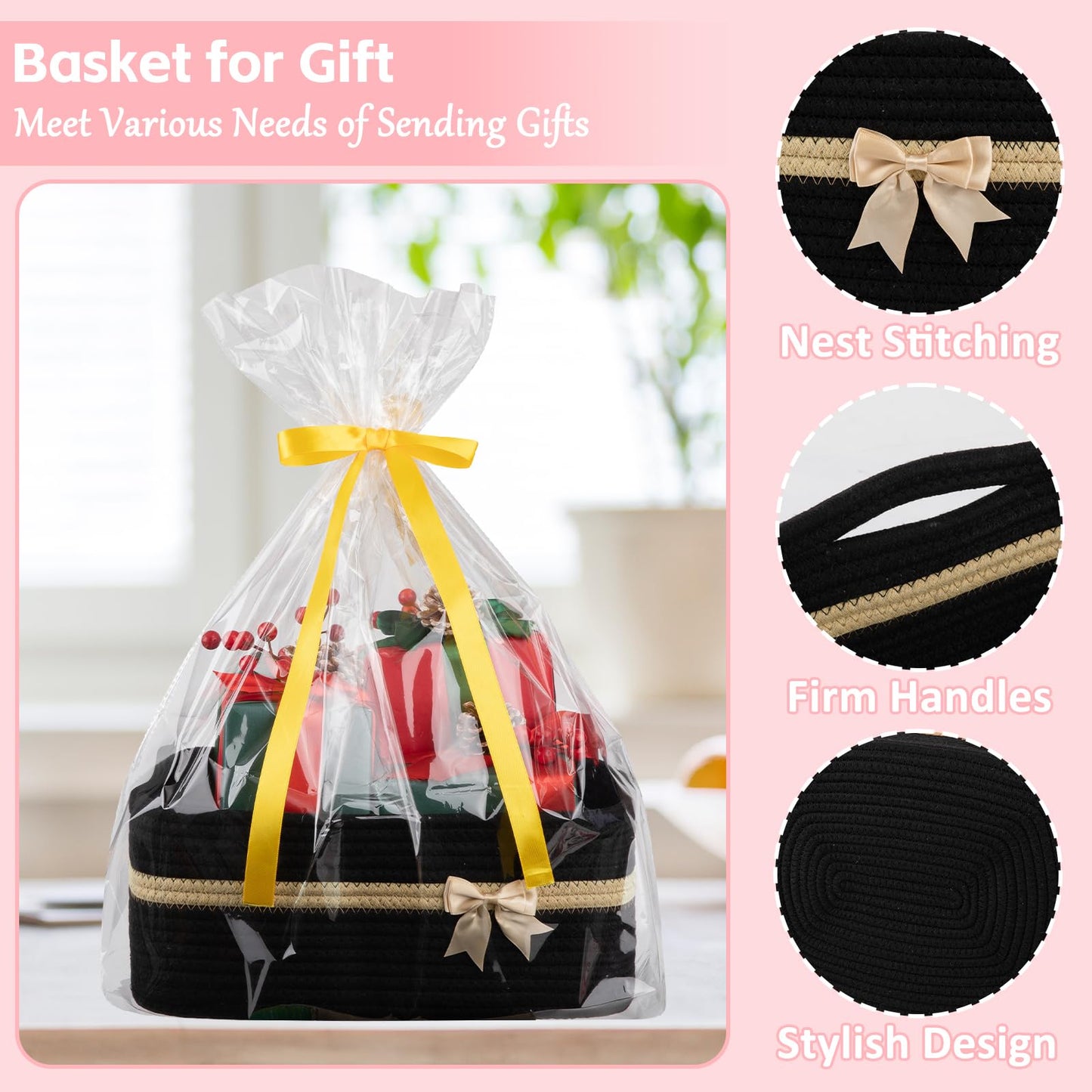 OIAHOMY - Cesta de almacenamiento tejida grande con asas para guardería, estantes de sala de estar, cesta de lazo para regalos vacía con bolsas de regalo y cintas para baby shower, contenedor de