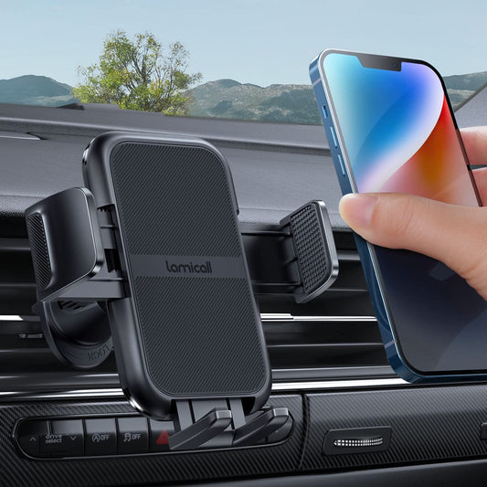 Lamicall Soporte Celular Auto - [Compatible con Fundas Gruesas] Abrazadera más Ancho y Gancho Metálico, Porta Celular Auto Base para Celular Automovil Carro Car Compatible con Todos Celular