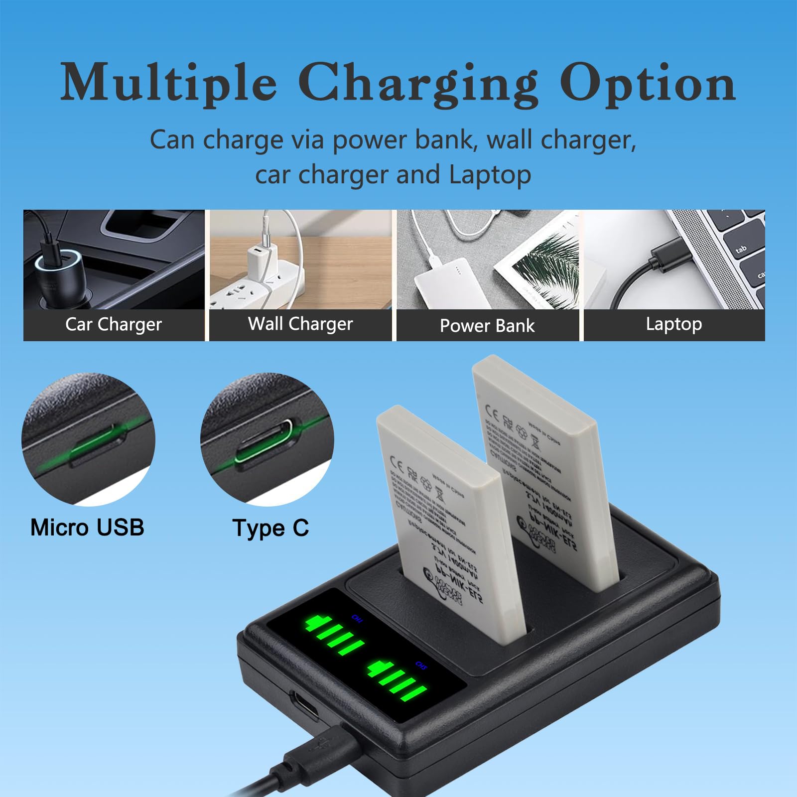 Batería Dual Pickle Power EN-EL5 y Cargador LED para Nikon CoolPix Negra Cámara